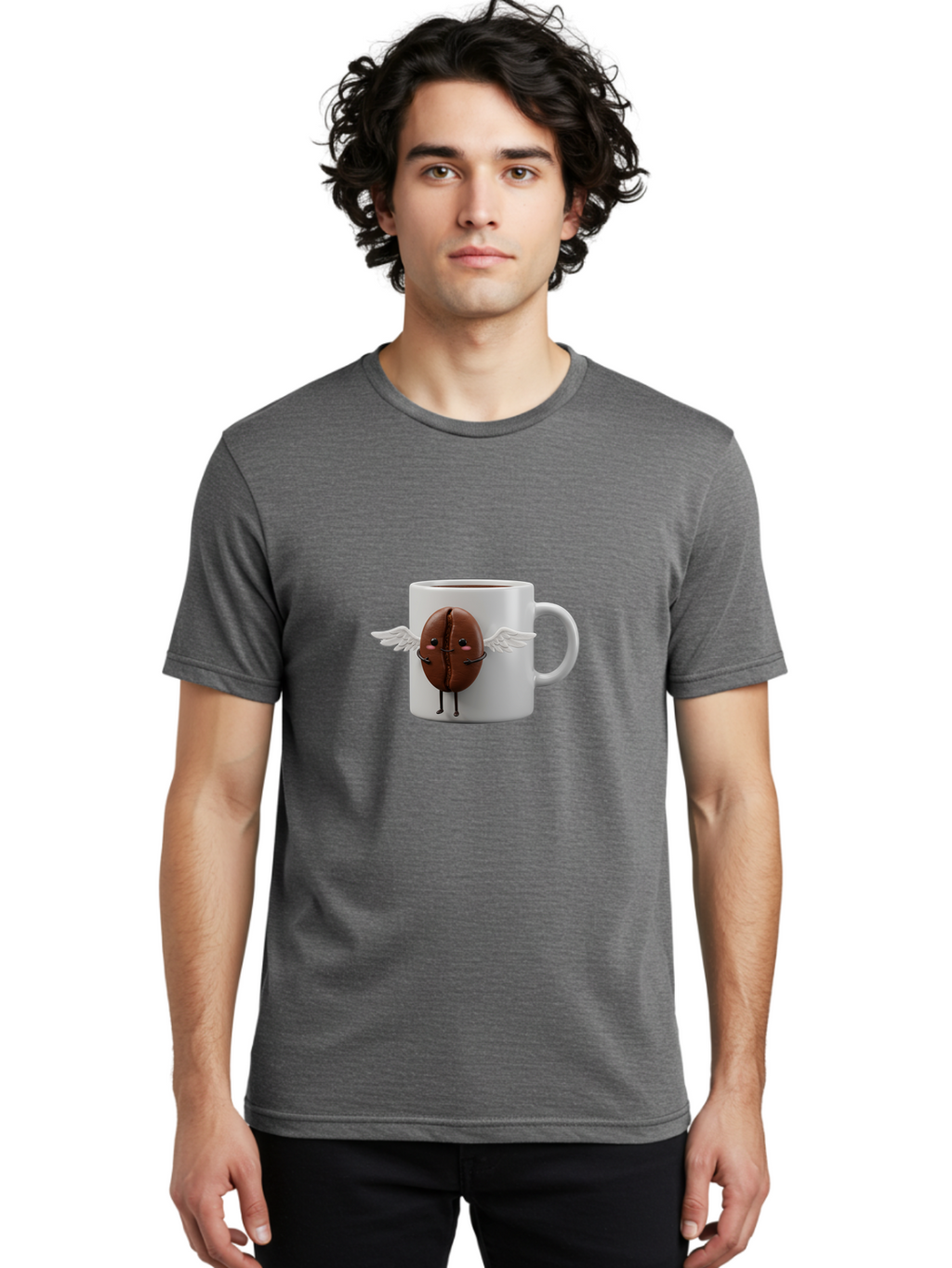 Coffee-Bean-Mug Men'S Graphic Tee, 100% Cotton, Comfortable Casual Summer Wear, Machine Washable, Coffee Mug, Funny Design, Cartoon Coffee Bean, White Wings, Adorable Face, Morning Coffee, Coffee Lover, Coffee Culture, Quirky Accessories Bab780