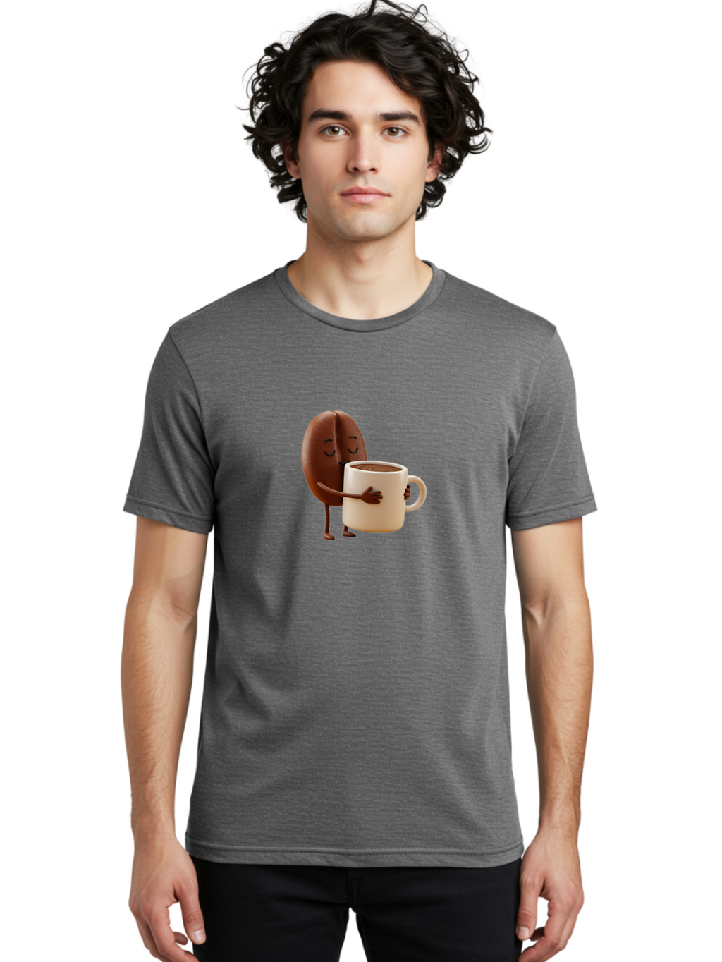 Coffee-Bean Men'S Graphic Tee, 100% Cotton, Comfortable Casual Summer Wear, Machine Washable, Coffee Bean, Anthropomorphic Character, Holding Coffee Cup, Warm Beverage, Coffee Lover, Cute Character, Cartoon Style, Morning Routine, Coffee Time Bab781