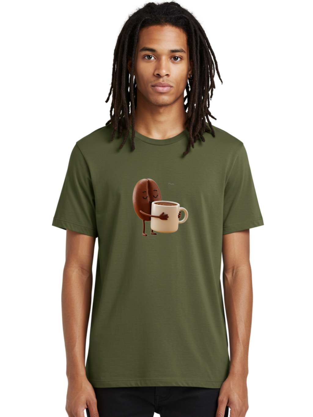 Coffee-Bean Men'S Graphic Tee, 100% Cotton, Comfortable Casual Summer Wear, Machine Washable, Coffee Bean, Anthropomorphic Character, Holding Coffee Cup, Warm Beverage, Coffee Lover, Cute Character, Cartoon Style, Morning Routine, Coffee Time Bab781