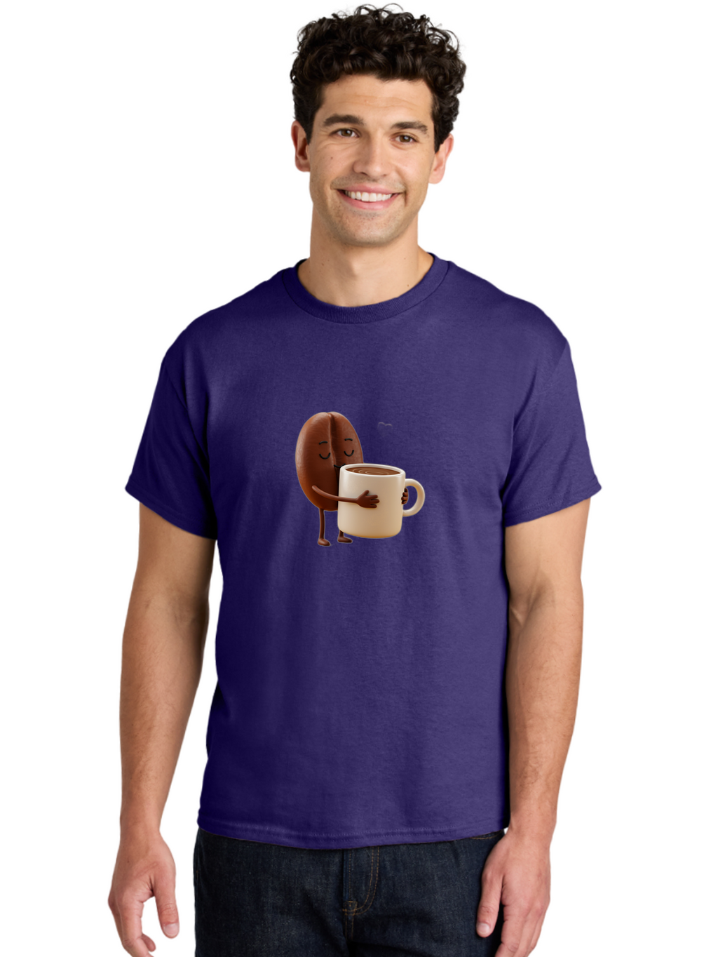 Coffee-Bean Men'S Graphic Tee, 100% Cotton, Comfortable Casual Summer Wear, Machine Washable, Coffee Bean, Anthropomorphic Character, Holding Coffee Cup, Warm Beverage, Coffee Lover, Cute Character, Cartoon Style, Morning Routine, Coffee Time Bab781