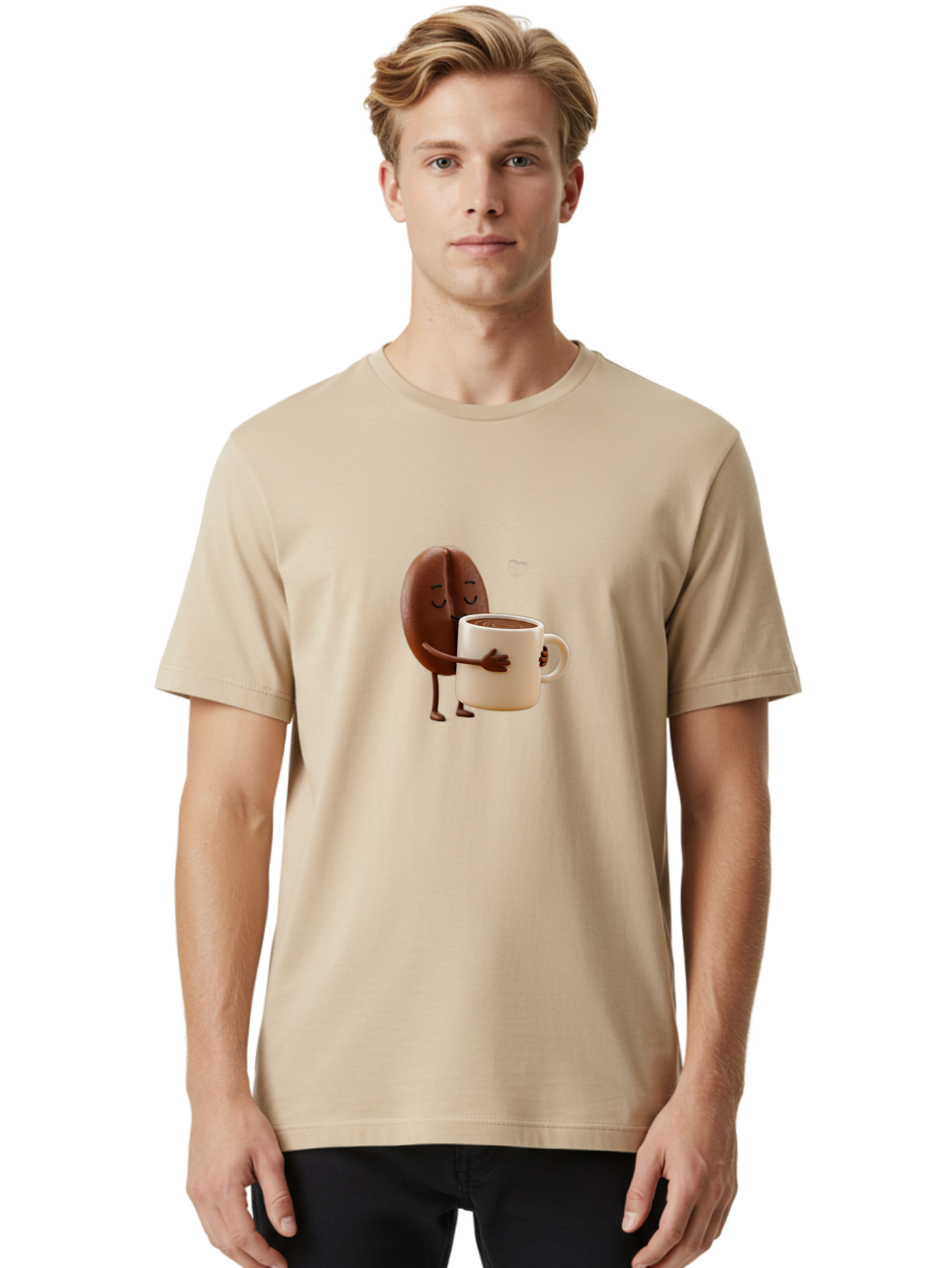 Coffee-Bean Men'S Graphic Tee, 100% Cotton, Comfortable Casual Summer Wear, Machine Washable, Coffee Bean, Anthropomorphic Character, Holding Coffee Cup, Warm Beverage, Coffee Lover, Cute Character, Cartoon Style, Morning Routine, Coffee Time Bab781