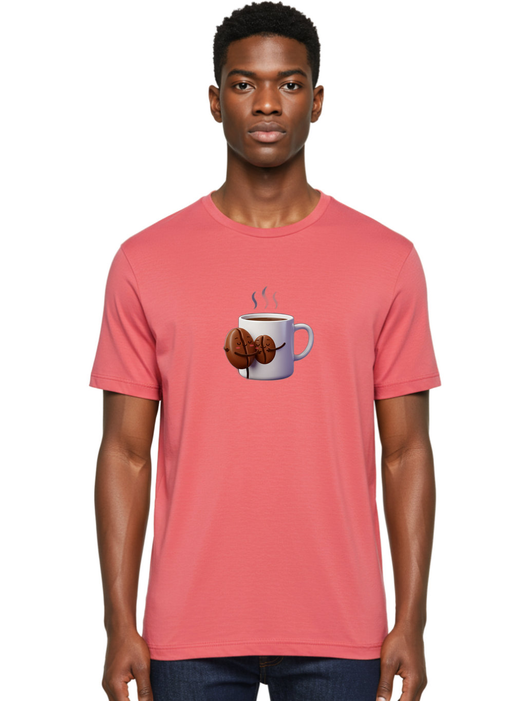 Coffee-Beans-Hugging-Coffee-Mug Men'S Graphic Tee, 100% Cotton, Comfortable Casual Summer Wear, Machine Washable, Cartoon Coffee Beans, Steaming Hot Coffee, Coffee Cups, Morning Coffee, Coffee Lovers, Coffee Break Bab782