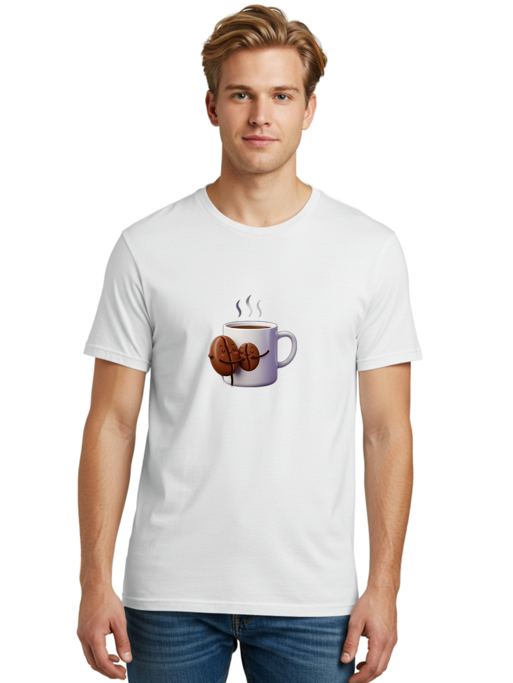 Coffee-Beans-Hugging-Coffee-Mug Men'S Graphic Tee, 100% Cotton, Comfortable Casual Summer Wear, Machine Washable, Cartoon Coffee Beans, Steaming Hot Coffee, Coffee Cups, Morning Coffee, Coffee Lovers, Coffee Break Bab782