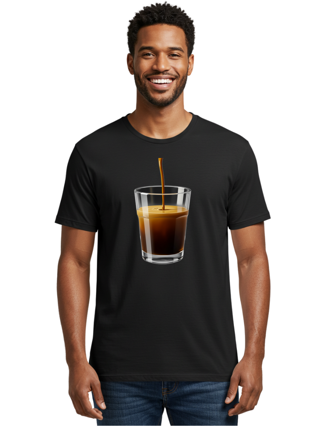 Coffee-Being-Poured-Into-A-Glass Men'S Graphic Tee, 100% Cotton, Comfortable Casual Summer Wear, Machine Washable, Coffee Being Poured, Espresso In Glass, Dark Brown Liquid, Coffee Drink, Beverage, Drinkware, Transparent Glass Bab783