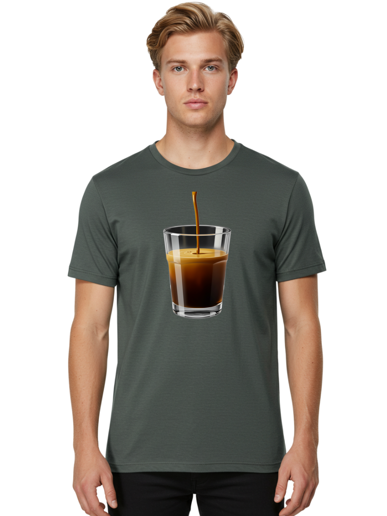 Coffee-Being-Poured-Into-A-Glass Men'S Graphic Tee, 100% Cotton, Comfortable Casual Summer Wear, Machine Washable, Coffee Being Poured, Espresso In Glass, Dark Brown Liquid, Coffee Drink, Beverage, Drinkware, Transparent Glass Bab783