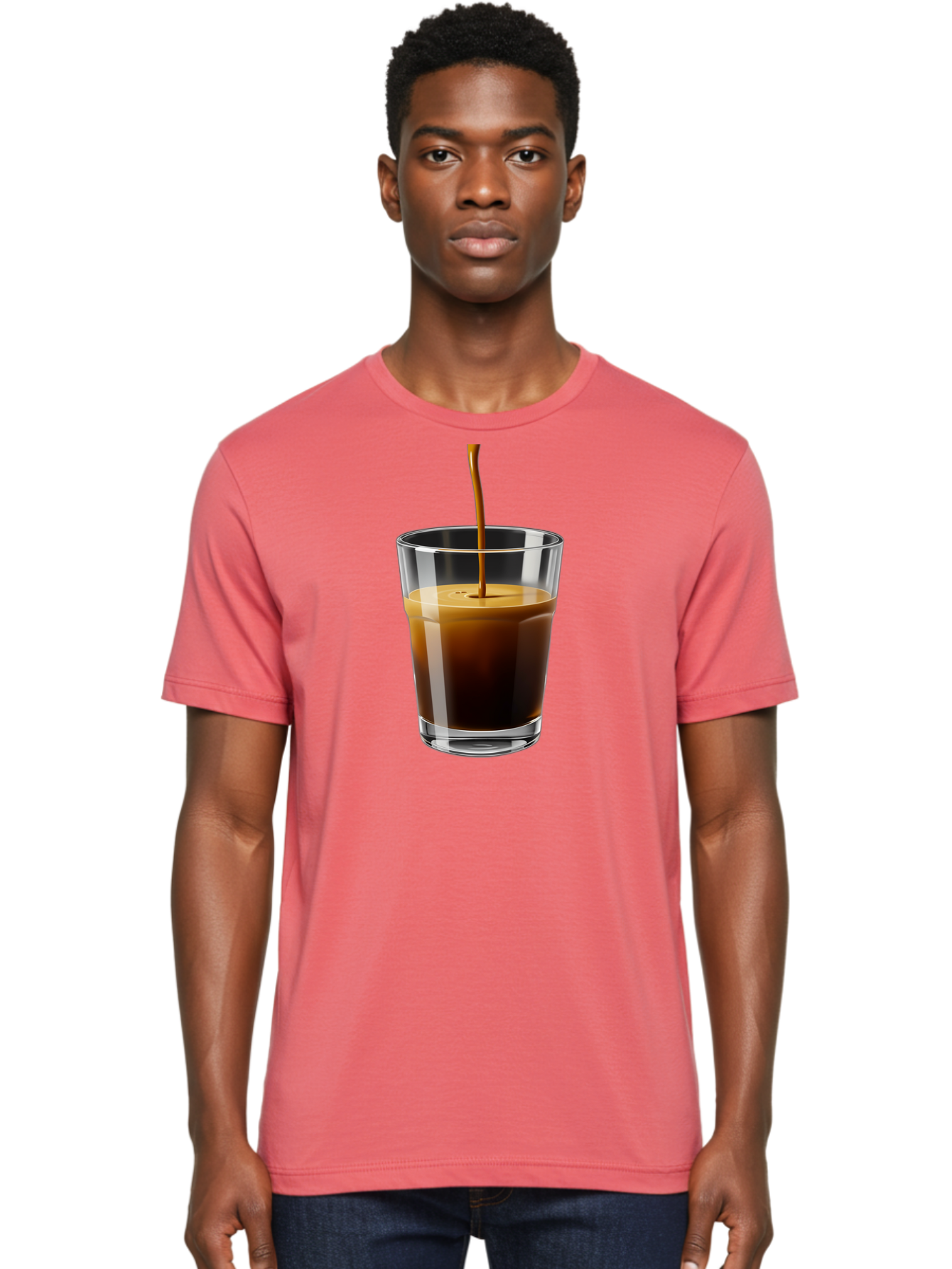 Coffee-Being-Poured-Into-A-Glass Men'S Graphic Tee, 100% Cotton, Comfortable Casual Summer Wear, Machine Washable, Coffee Being Poured, Espresso In Glass, Dark Brown Liquid, Coffee Drink, Beverage, Drinkware, Transparent Glass Bab783