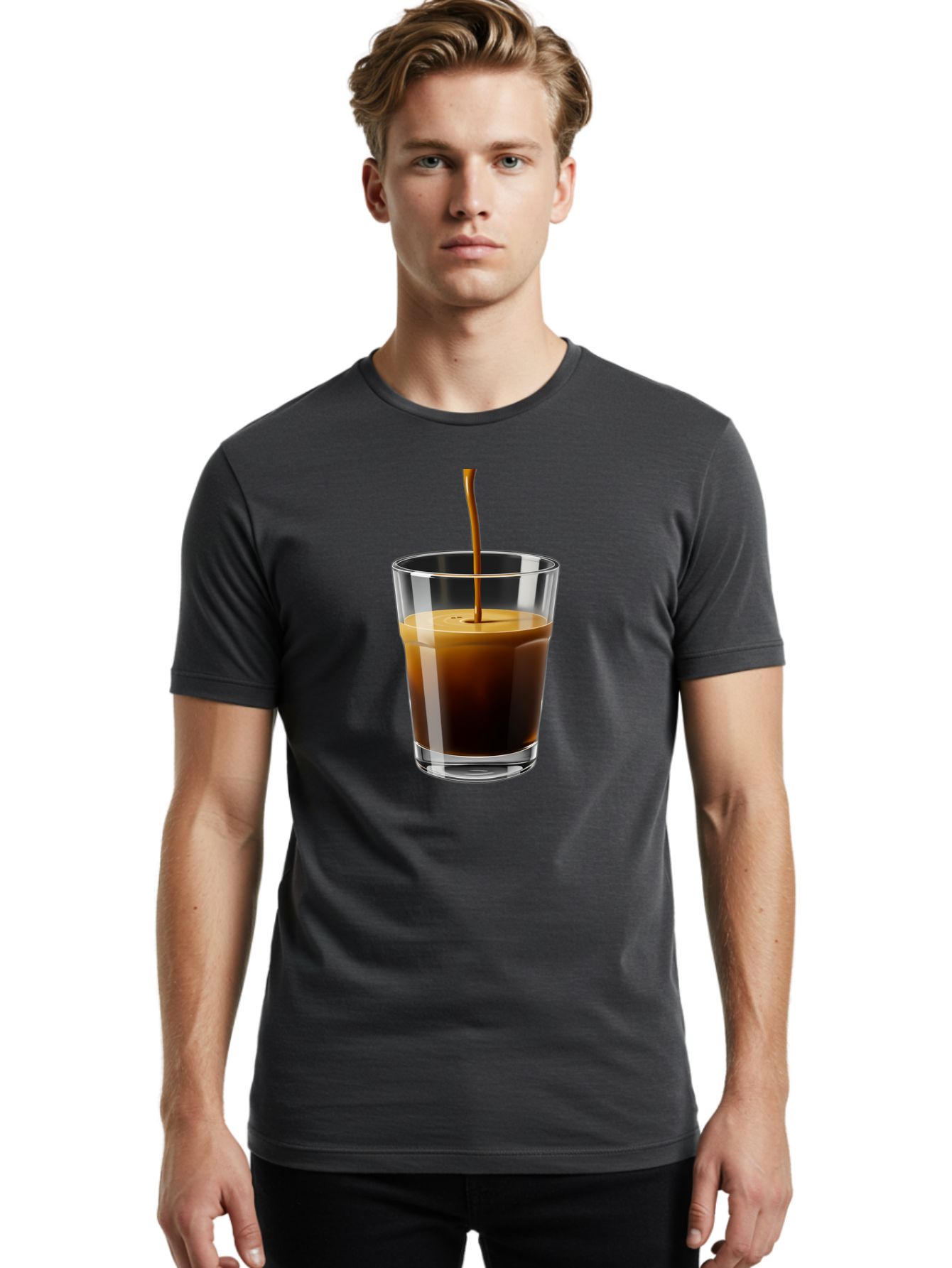 Coffee-Being-Poured-Into-A-Glass Men'S Graphic Tee, 100% Cotton, Comfortable Casual Summer Wear, Machine Washable, Coffee Being Poured, Espresso In Glass, Dark Brown Liquid, Coffee Drink, Beverage, Drinkware, Transparent Glass Bab783