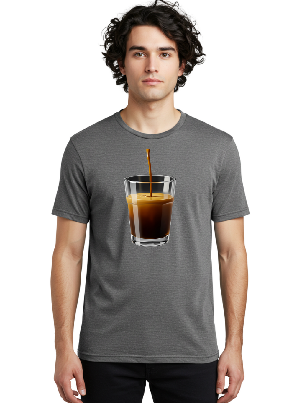 Coffee-Being-Poured-Into-A-Glass Men'S Graphic Tee, 100% Cotton, Comfortable Casual Summer Wear, Machine Washable, Coffee Being Poured, Espresso In Glass, Dark Brown Liquid, Coffee Drink, Beverage, Drinkware, Transparent Glass Bab783