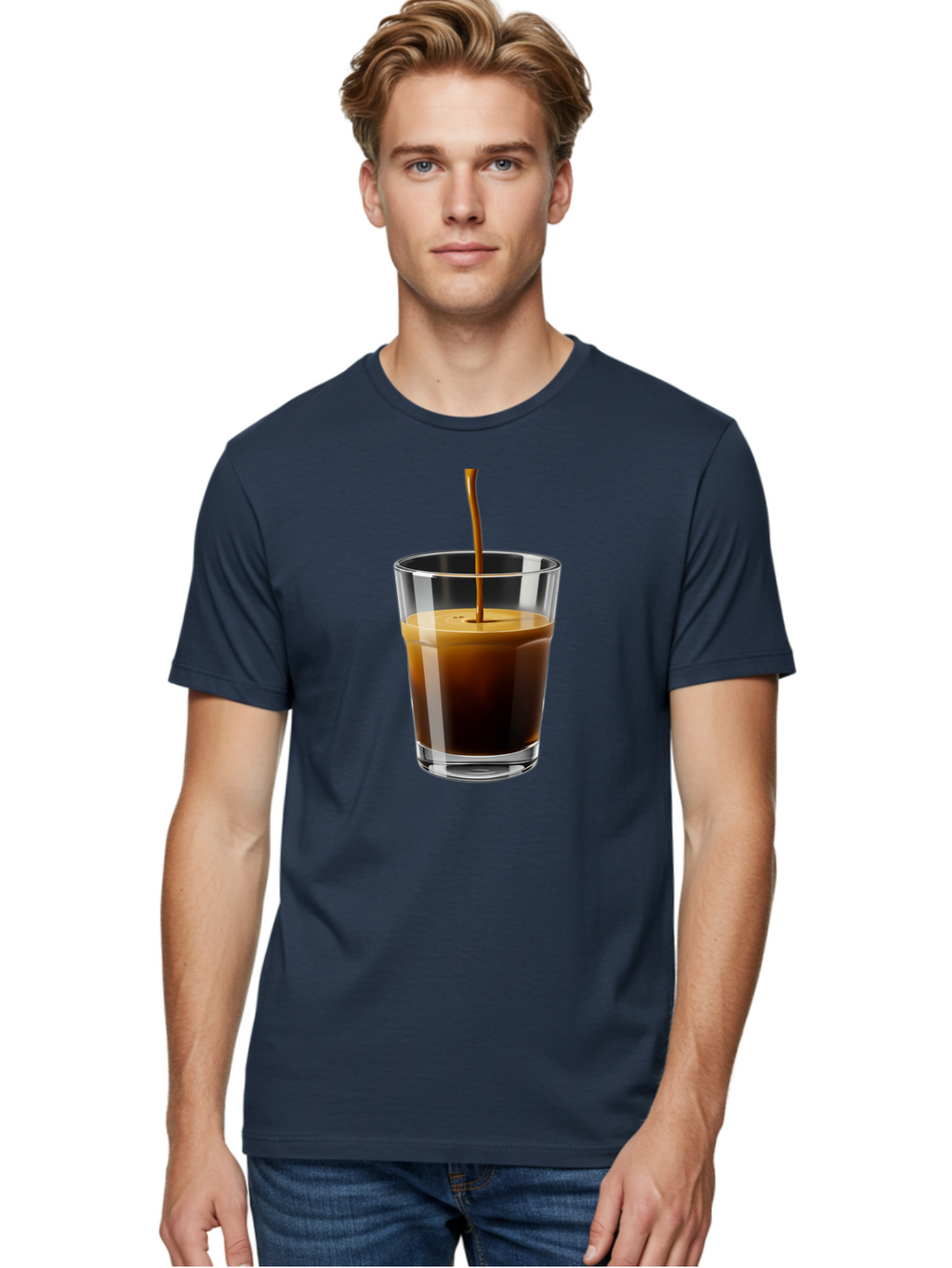 Coffee-Being-Poured-Into-A-Glass Men'S Graphic Tee, 100% Cotton, Comfortable Casual Summer Wear, Machine Washable, Coffee Being Poured, Espresso In Glass, Dark Brown Liquid, Coffee Drink, Beverage, Drinkware, Transparent Glass Bab783