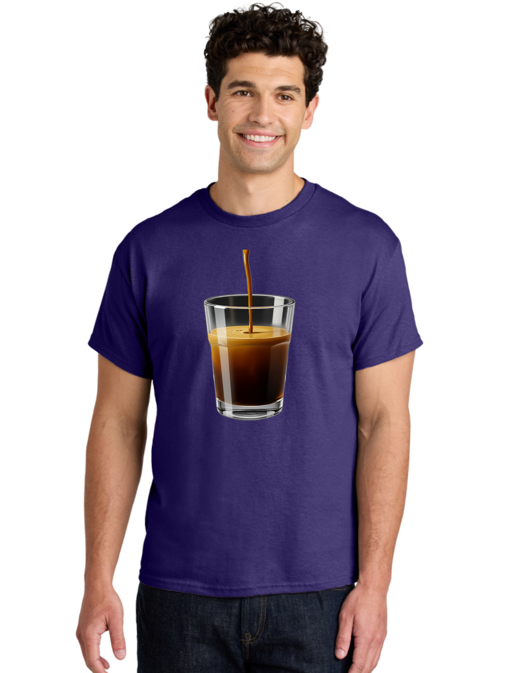 Coffee-Being-Poured-Into-A-Glass Men'S Graphic Tee, 100% Cotton, Comfortable Casual Summer Wear, Machine Washable, Coffee Being Poured, Espresso In Glass, Dark Brown Liquid, Coffee Drink, Beverage, Drinkware, Transparent Glass Bab783