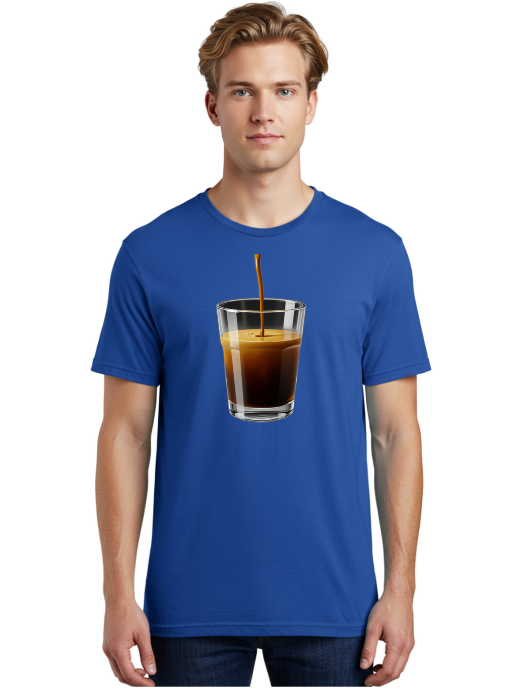 Coffee-Being-Poured-Into-A-Glass Men'S Graphic Tee, 100% Cotton, Comfortable Casual Summer Wear, Machine Washable, Coffee Being Poured, Espresso In Glass, Dark Brown Liquid, Coffee Drink, Beverage, Drinkware, Transparent Glass Bab783