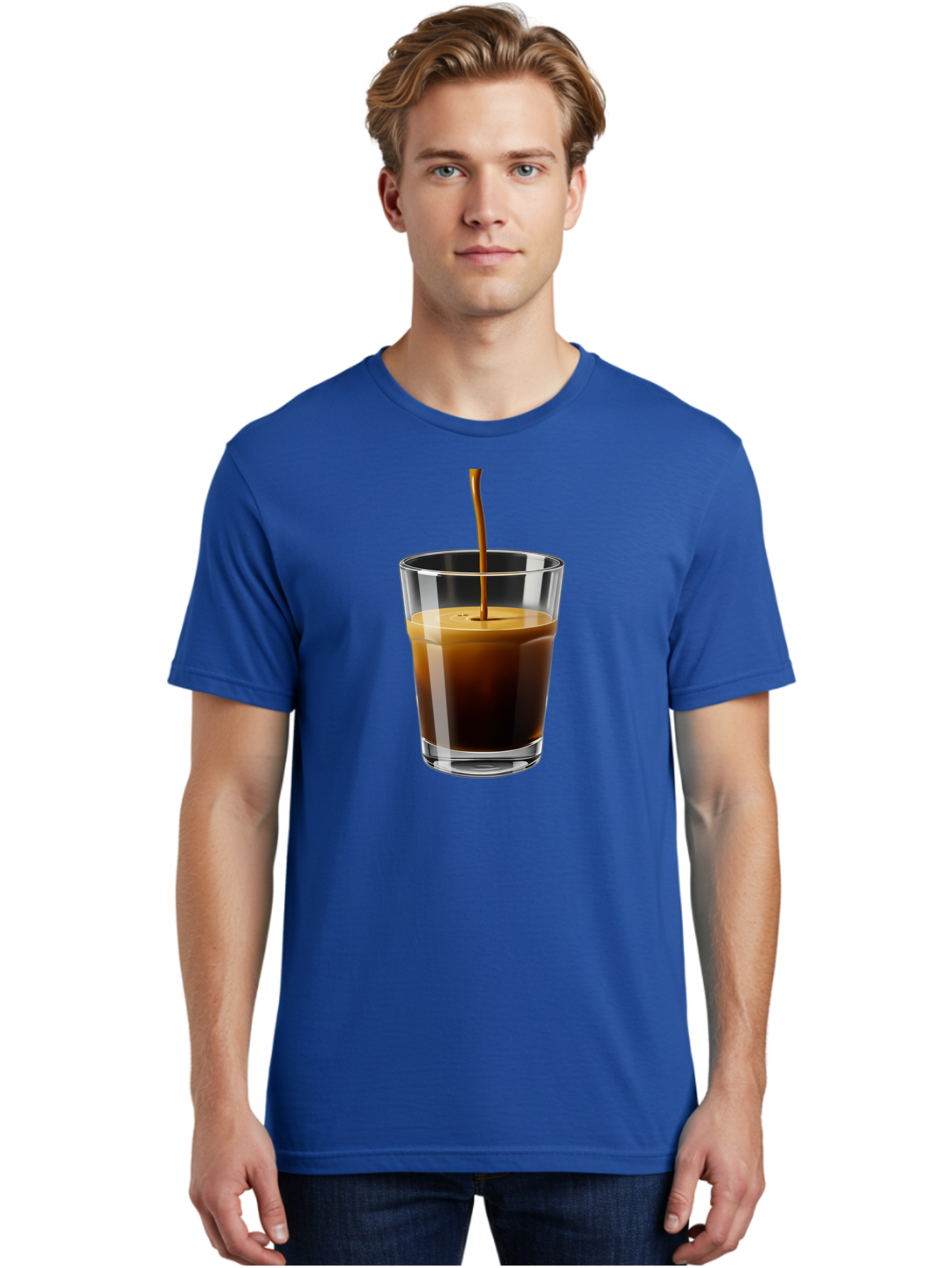 Coffee-Being-Poured-Into-A-Glass Men'S Graphic Tee, 100% Cotton, Comfortable Casual Summer Wear, Machine Washable, Coffee Being Poured, Espresso In Glass, Dark Brown Liquid, Coffee Drink, Beverage, Drinkware, Transparent Glass Bab783