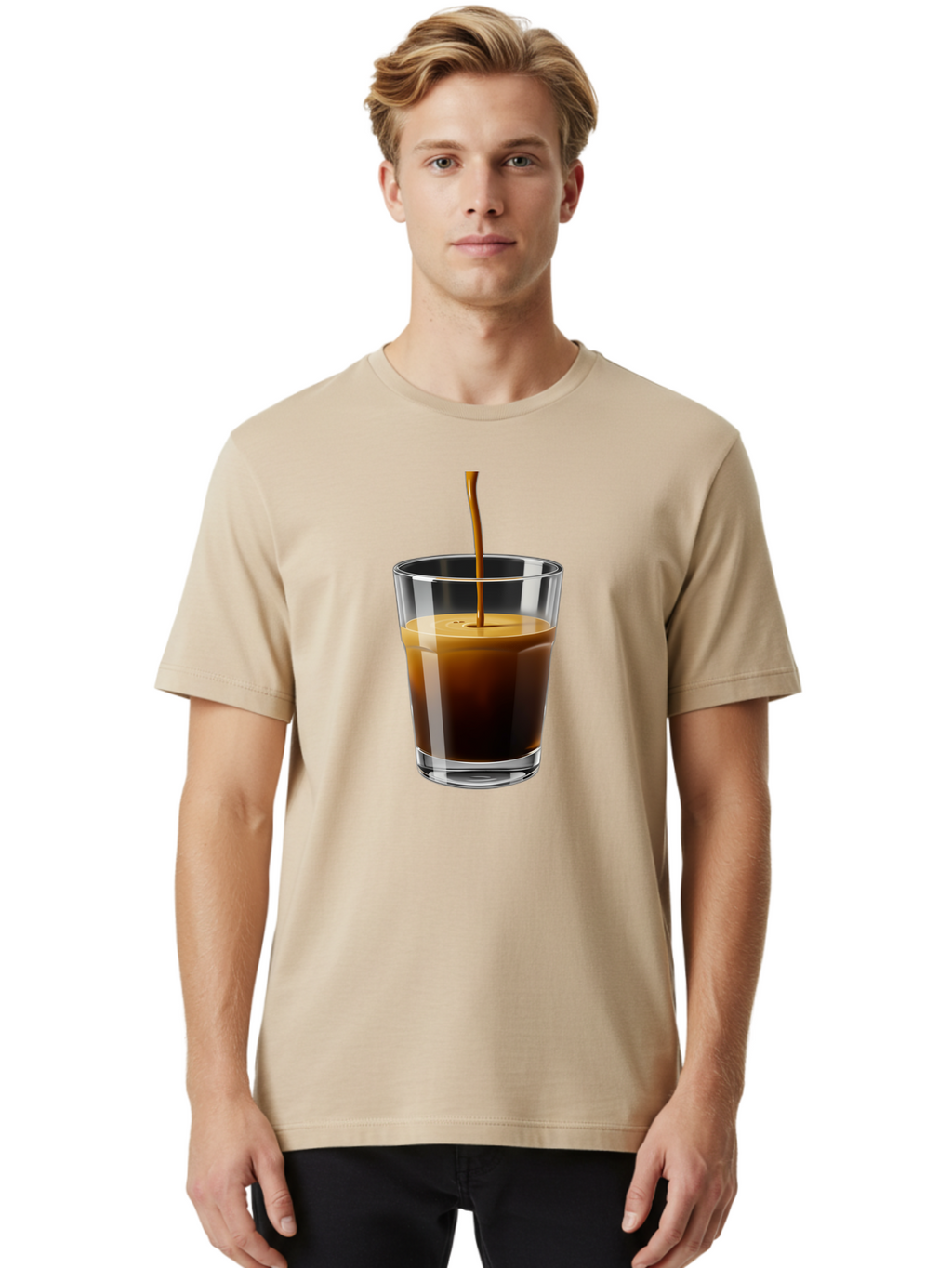 Coffee-Being-Poured-Into-A-Glass Men'S Graphic Tee, 100% Cotton, Comfortable Casual Summer Wear, Machine Washable, Coffee Being Poured, Espresso In Glass, Dark Brown Liquid, Coffee Drink, Beverage, Drinkware, Transparent Glass Bab783
