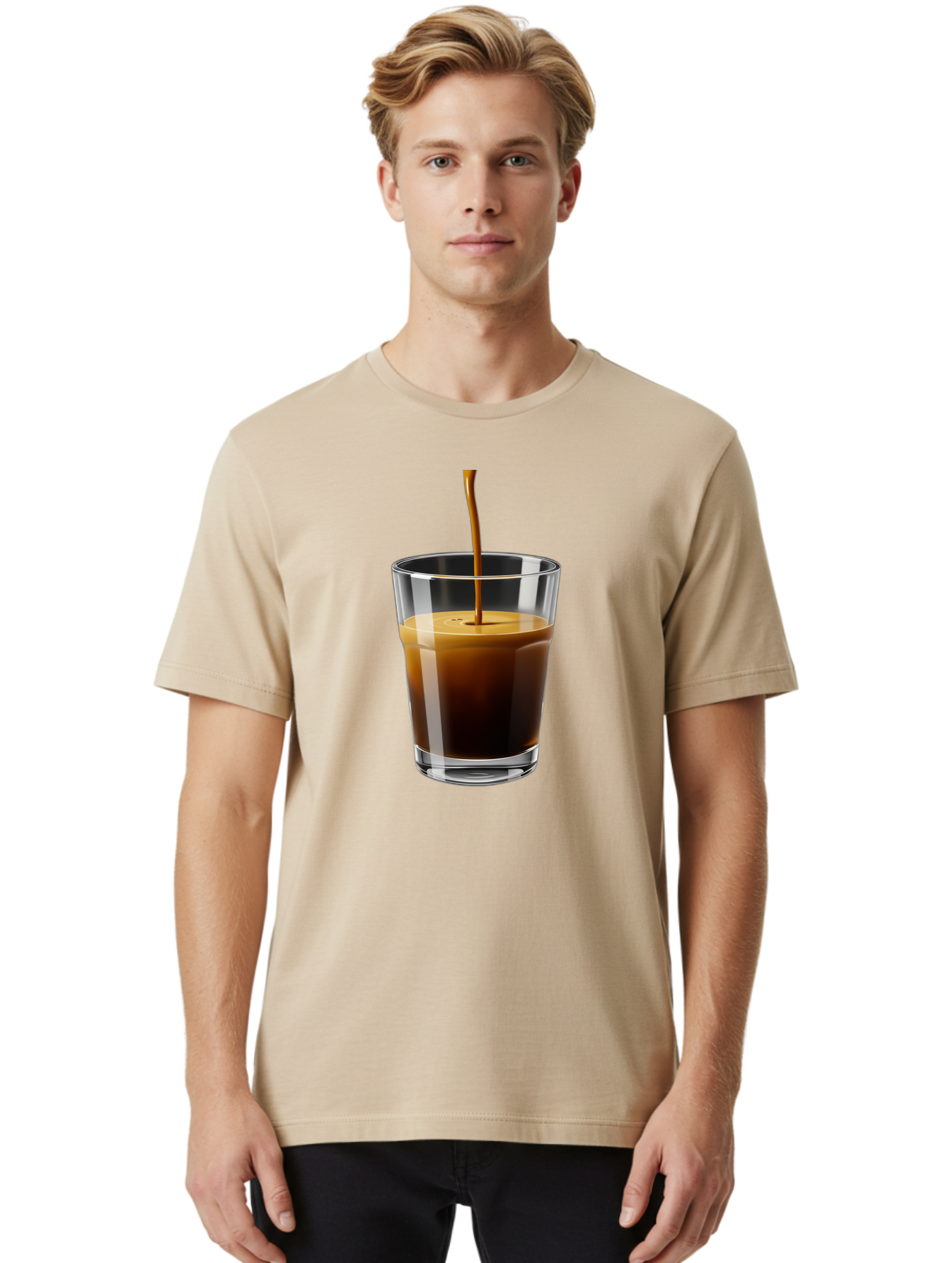 Coffee-Being-Poured-Into-A-Glass Men'S Graphic Tee, 100% Cotton, Comfortable Casual Summer Wear, Machine Washable, Coffee Being Poured, Espresso In Glass, Dark Brown Liquid, Coffee Drink, Beverage, Drinkware, Transparent Glass Bab783