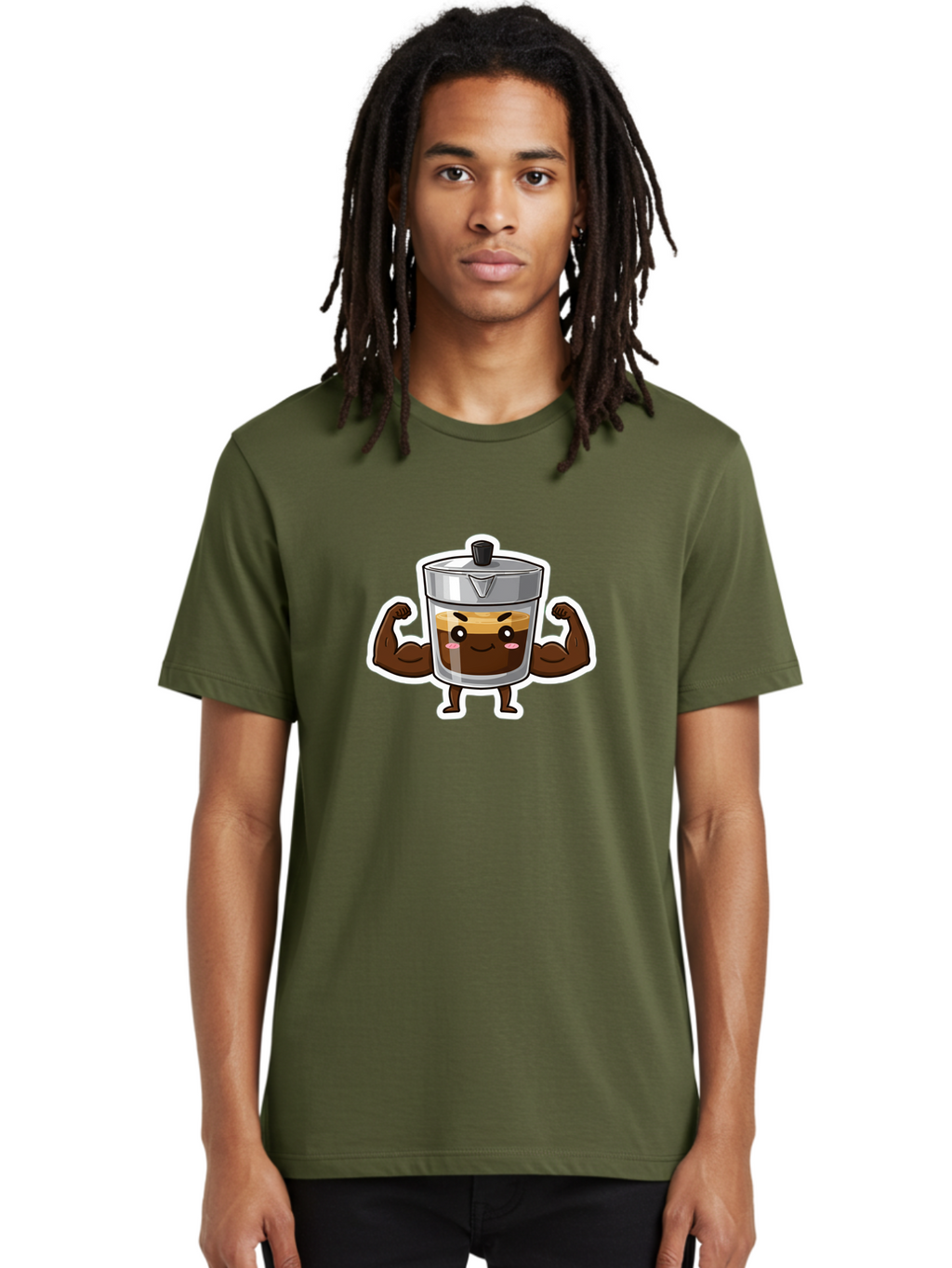 Coffee-Character Men'S Graphic Tee, 100% Cotton, Comfortable Casual Summer Wear, Machine Washable, Cartoon Coffee, Muscular Arms, Flexing Biceps, Coffee Cup, Brown Coffee, Silver Lid, Anthropomorphic Coffee, Funny Coffee, Coffee Character, Bab785