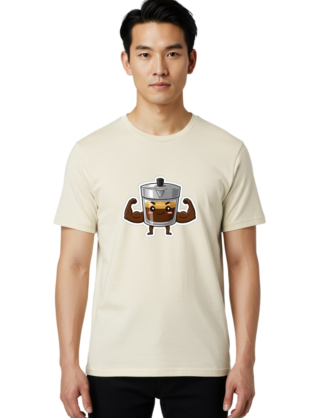 Coffee-Character Men'S Graphic Tee, 100% Cotton, Comfortable Casual Summer Wear, Machine Washable, Cartoon Coffee, Muscular Arms, Flexing Biceps, Coffee Cup, Brown Coffee, Silver Lid, Anthropomorphic Coffee, Funny Coffee, Coffee Character, Bab785