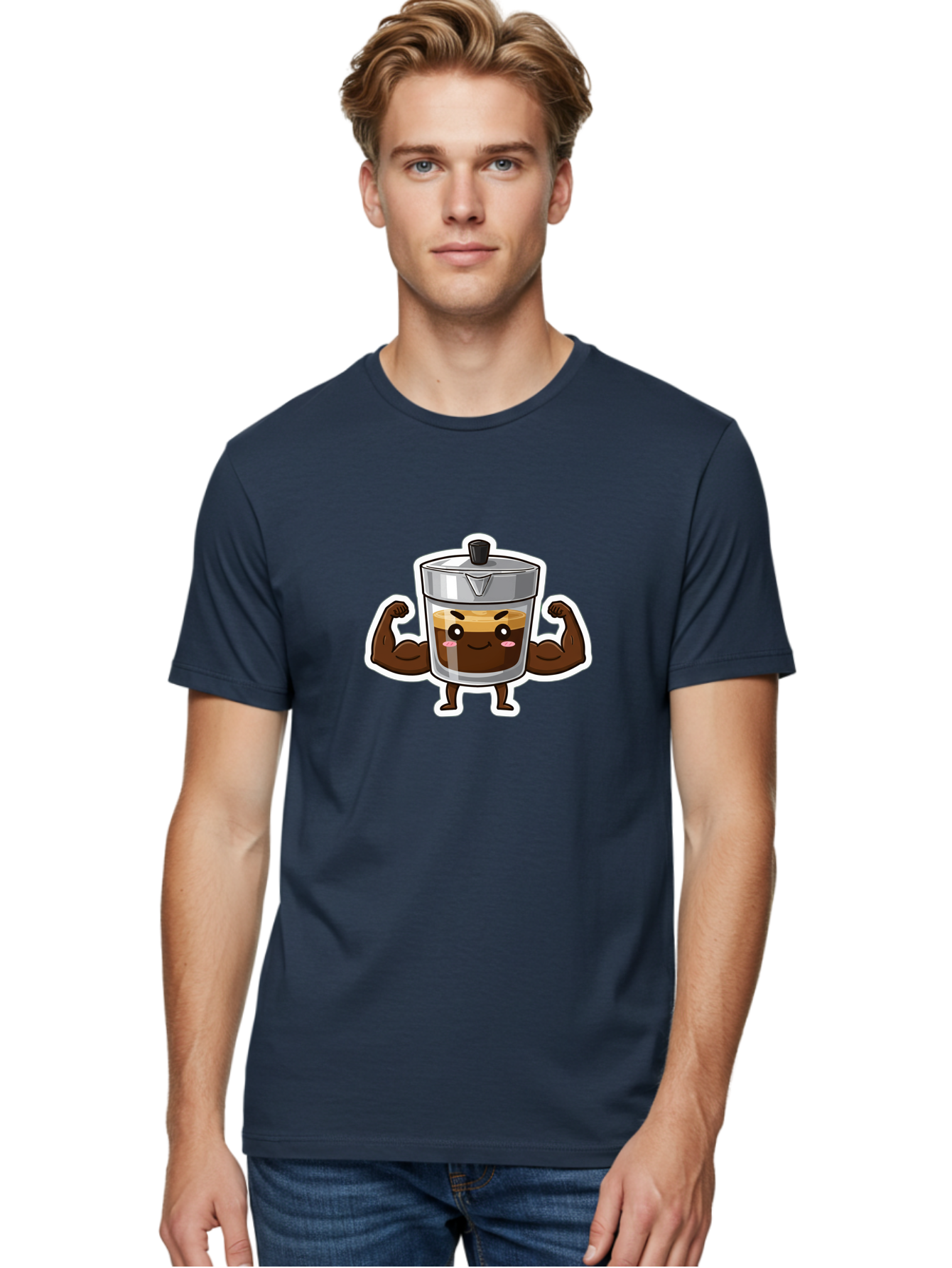 Coffee-Character Men'S Graphic Tee, 100% Cotton, Comfortable Casual Summer Wear, Machine Washable, Cartoon Coffee, Muscular Arms, Flexing Biceps, Coffee Cup, Brown Coffee, Silver Lid, Anthropomorphic Coffee, Funny Coffee, Coffee Character, Bab785