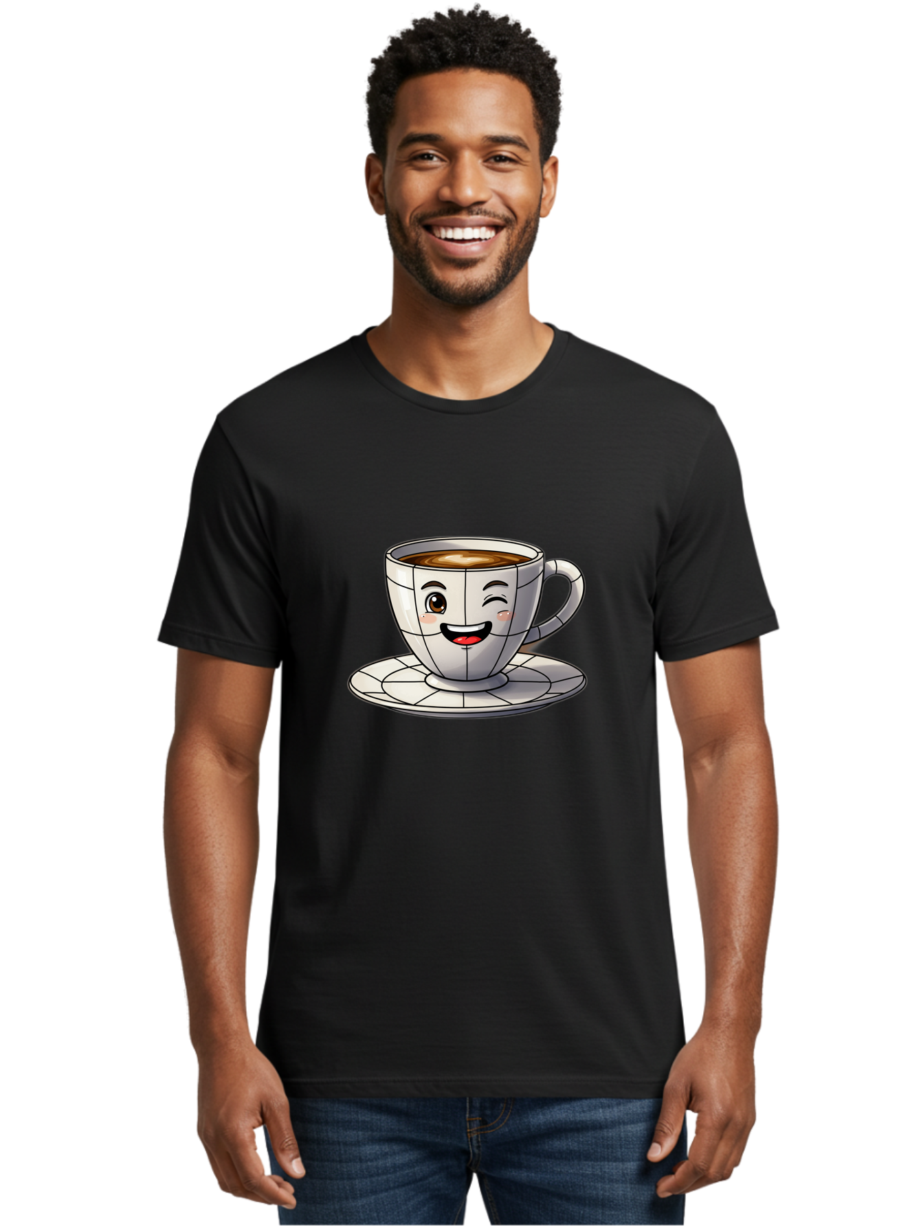 Coffee-Cup-1 Men'S Graphic Tee, 100% Cotton, Comfortable Casual Summer Wear, Machine Washable, Cartoon Coffee Cup, Smiling Face, Happy Expression, Coffee Break, Morning Routine, Cafe Culture, Animated Character, Playful Design, Whimsical Art Bab786