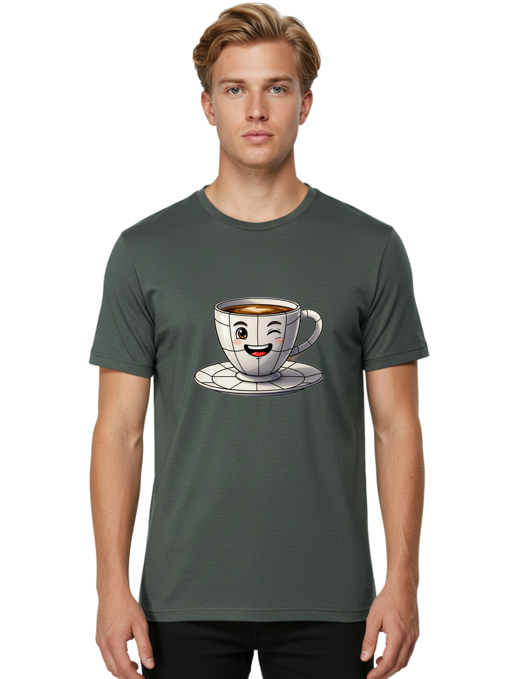 Coffee-Cup-1 Men'S Graphic Tee, 100% Cotton, Comfortable Casual Summer Wear, Machine Washable, Cartoon Coffee Cup, Smiling Face, Happy Expression, Coffee Break, Morning Routine, Cafe Culture, Animated Character, Playful Design, Whimsical Art Bab786