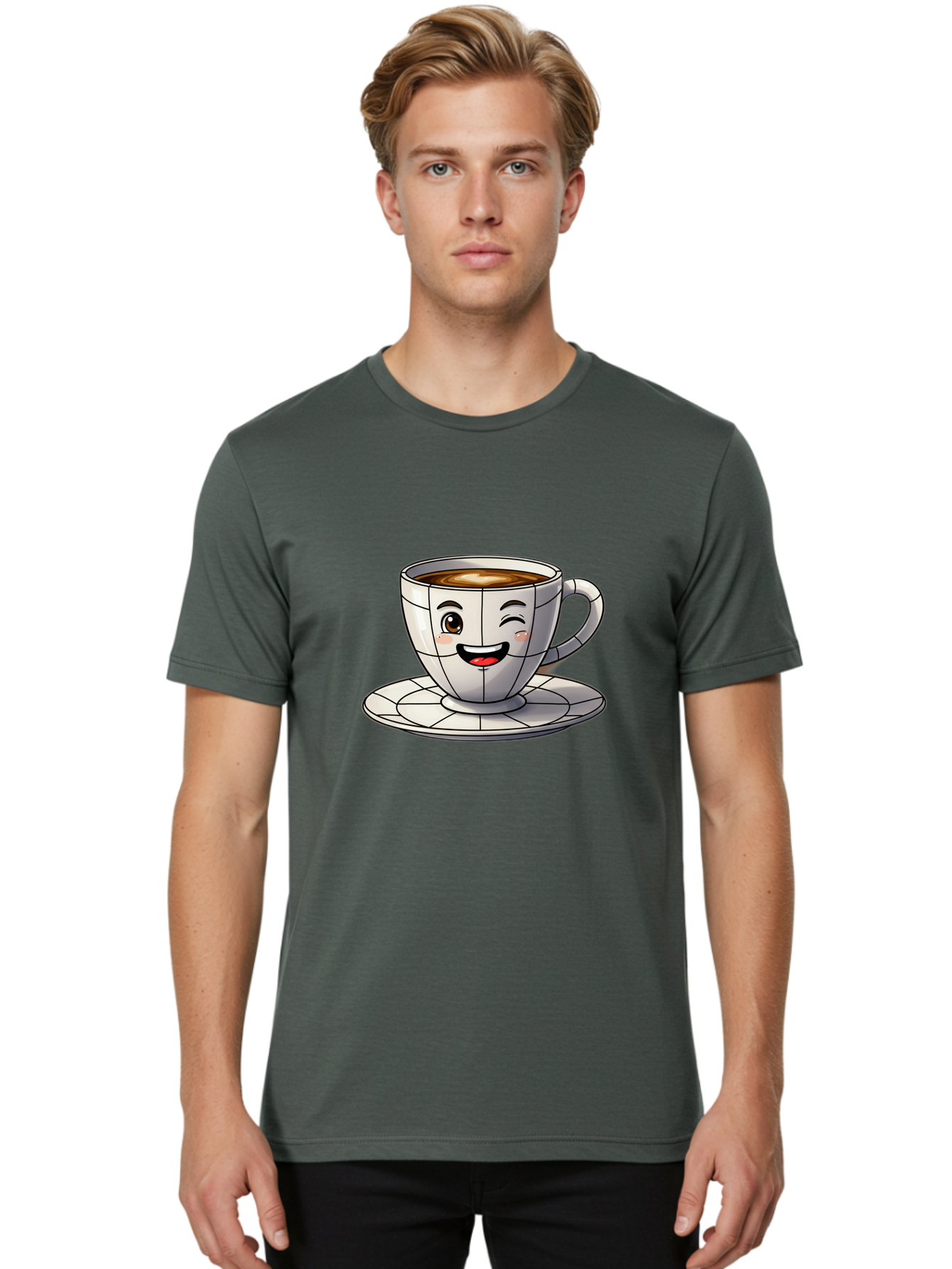 Coffee-Cup-1 Men'S Graphic Tee, 100% Cotton, Comfortable Casual Summer Wear, Machine Washable, Cartoon Coffee Cup, Smiling Face, Happy Expression, Coffee Break, Morning Routine, Cafe Culture, Animated Character, Playful Design, Whimsical Art Bab786