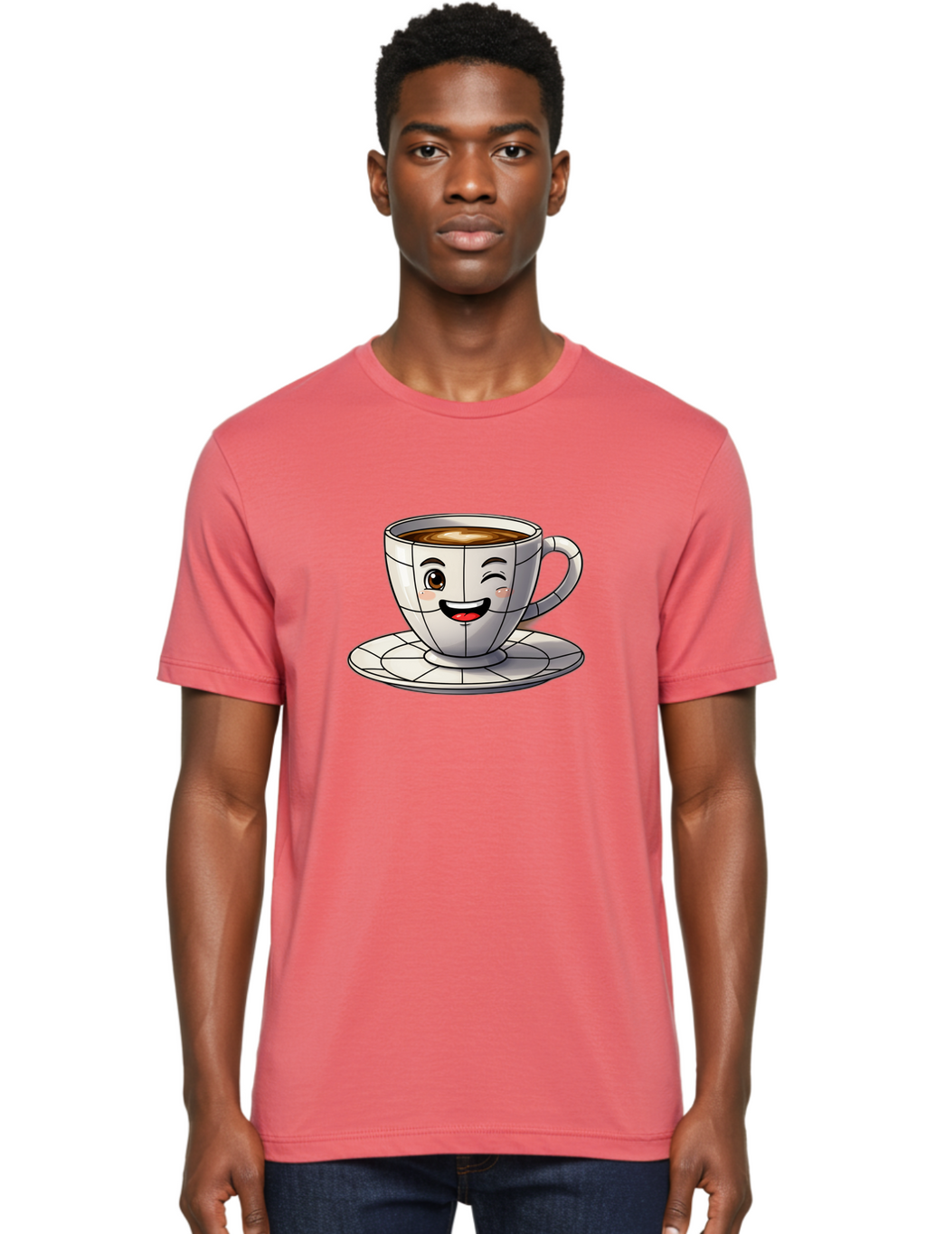 Coffee-Cup-1 Men'S Graphic Tee, 100% Cotton, Comfortable Casual Summer Wear, Machine Washable, Cartoon Coffee Cup, Smiling Face, Happy Expression, Coffee Break, Morning Routine, Cafe Culture, Animated Character, Playful Design, Whimsical Art Bab786