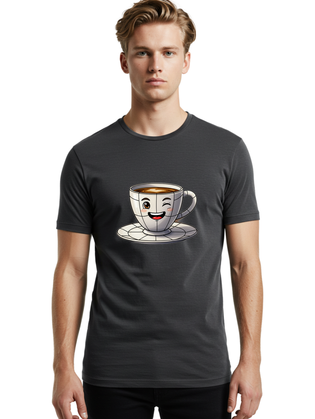 Coffee-Cup-1 Men'S Graphic Tee, 100% Cotton, Comfortable Casual Summer Wear, Machine Washable, Cartoon Coffee Cup, Smiling Face, Happy Expression, Coffee Break, Morning Routine, Cafe Culture, Animated Character, Playful Design, Whimsical Art Bab786