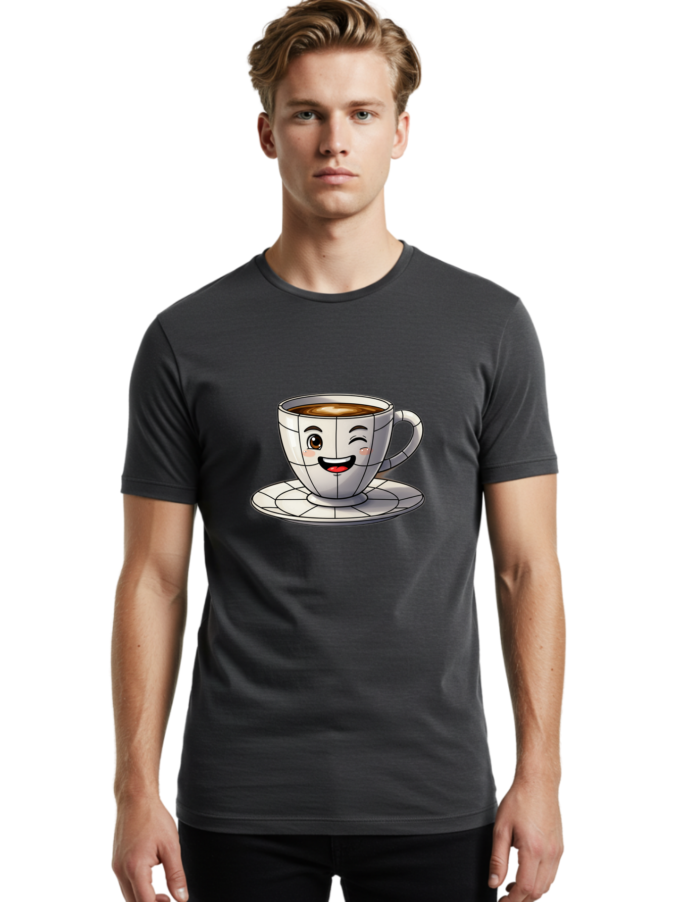 Coffee-Cup-1 Men'S Graphic Tee, 100% Cotton, Comfortable Casual Summer Wear, Machine Washable, Cartoon Coffee Cup, Smiling Face, Happy Expression, Coffee Break, Morning Routine, Cafe Culture, Animated Character, Playful Design, Whimsical Art Bab786