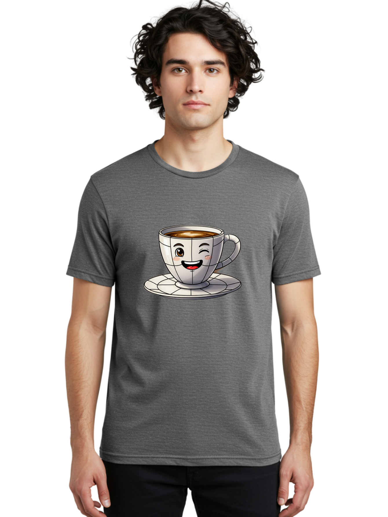 Coffee-Cup-1 Men'S Graphic Tee, 100% Cotton, Comfortable Casual Summer Wear, Machine Washable, Cartoon Coffee Cup, Smiling Face, Happy Expression, Coffee Break, Morning Routine, Cafe Culture, Animated Character, Playful Design, Whimsical Art Bab786