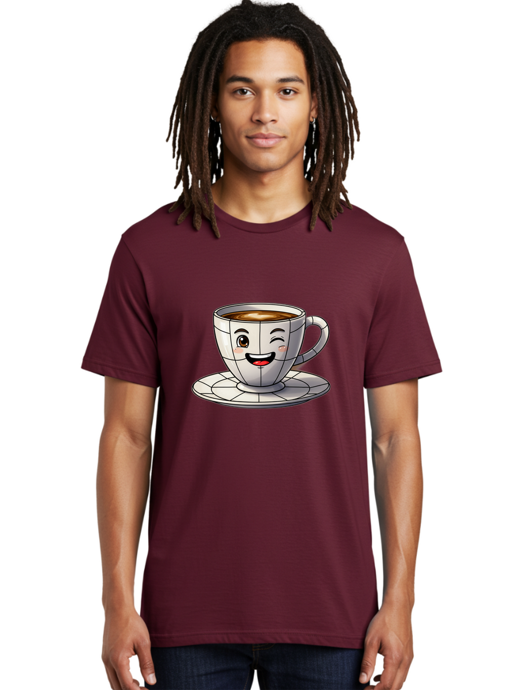 Coffee-Cup-1 Men'S Graphic Tee, 100% Cotton, Comfortable Casual Summer Wear, Machine Washable, Cartoon Coffee Cup, Smiling Face, Happy Expression, Coffee Break, Morning Routine, Cafe Culture, Animated Character, Playful Design, Whimsical Art Bab786