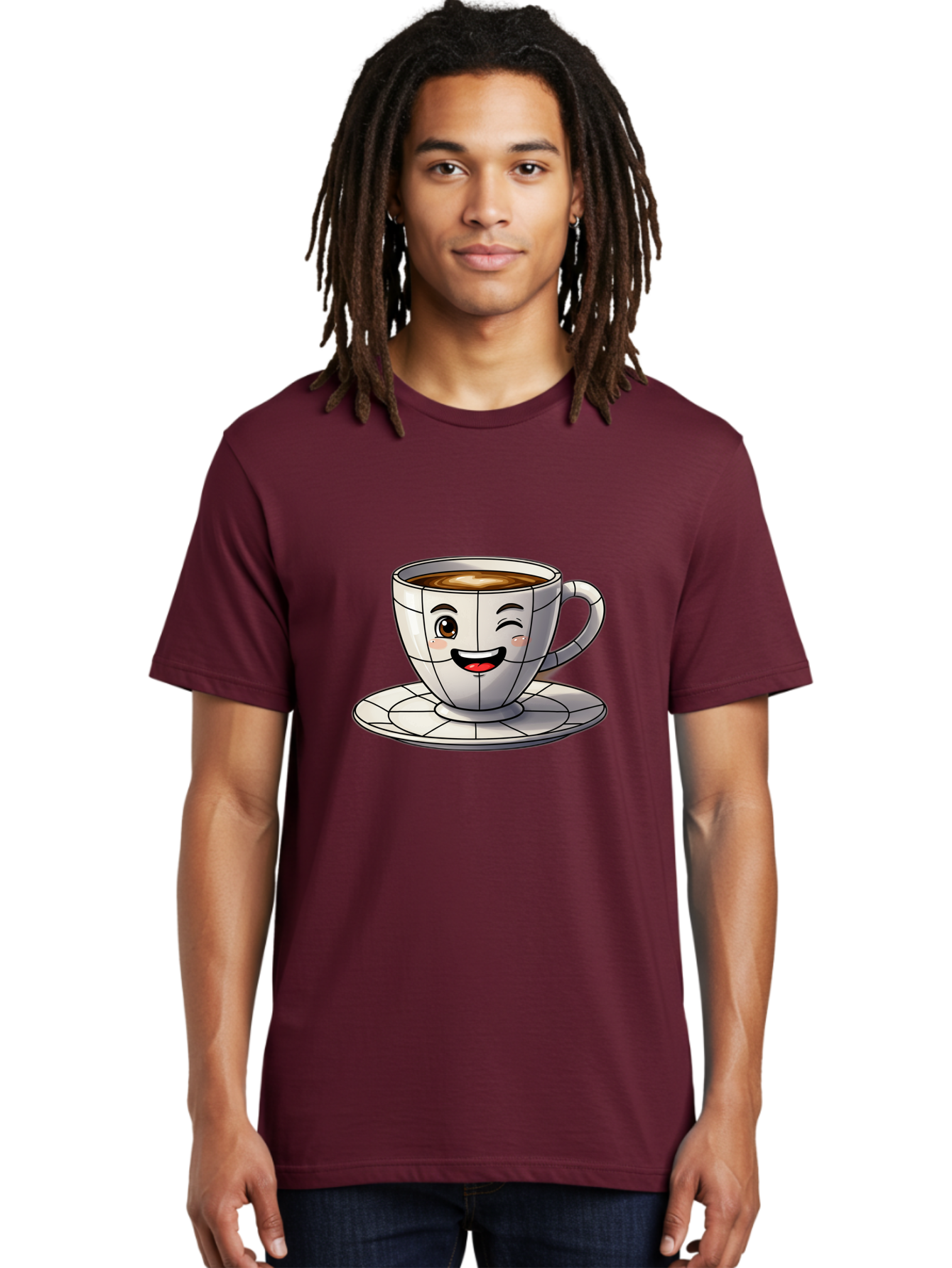 Coffee-Cup-1 Men'S Graphic Tee, 100% Cotton, Comfortable Casual Summer Wear, Machine Washable, Cartoon Coffee Cup, Smiling Face, Happy Expression, Coffee Break, Morning Routine, Cafe Culture, Animated Character, Playful Design, Whimsical Art Bab786