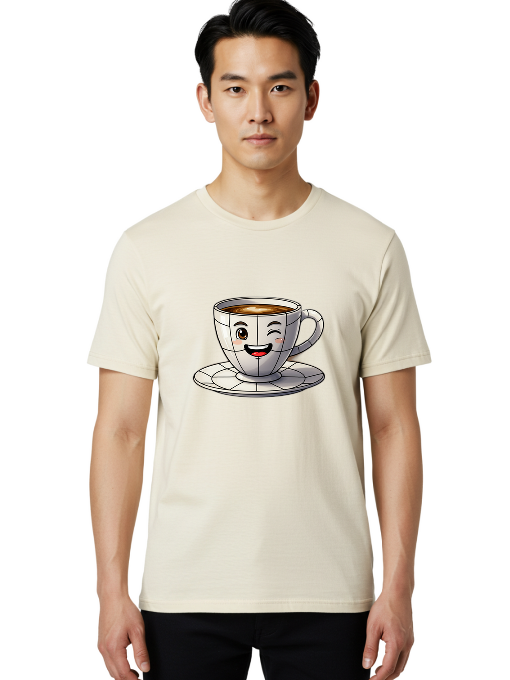Coffee-Cup-1 Men'S Graphic Tee, 100% Cotton, Comfortable Casual Summer Wear, Machine Washable, Cartoon Coffee Cup, Smiling Face, Happy Expression, Coffee Break, Morning Routine, Cafe Culture, Animated Character, Playful Design, Whimsical Art Bab786
