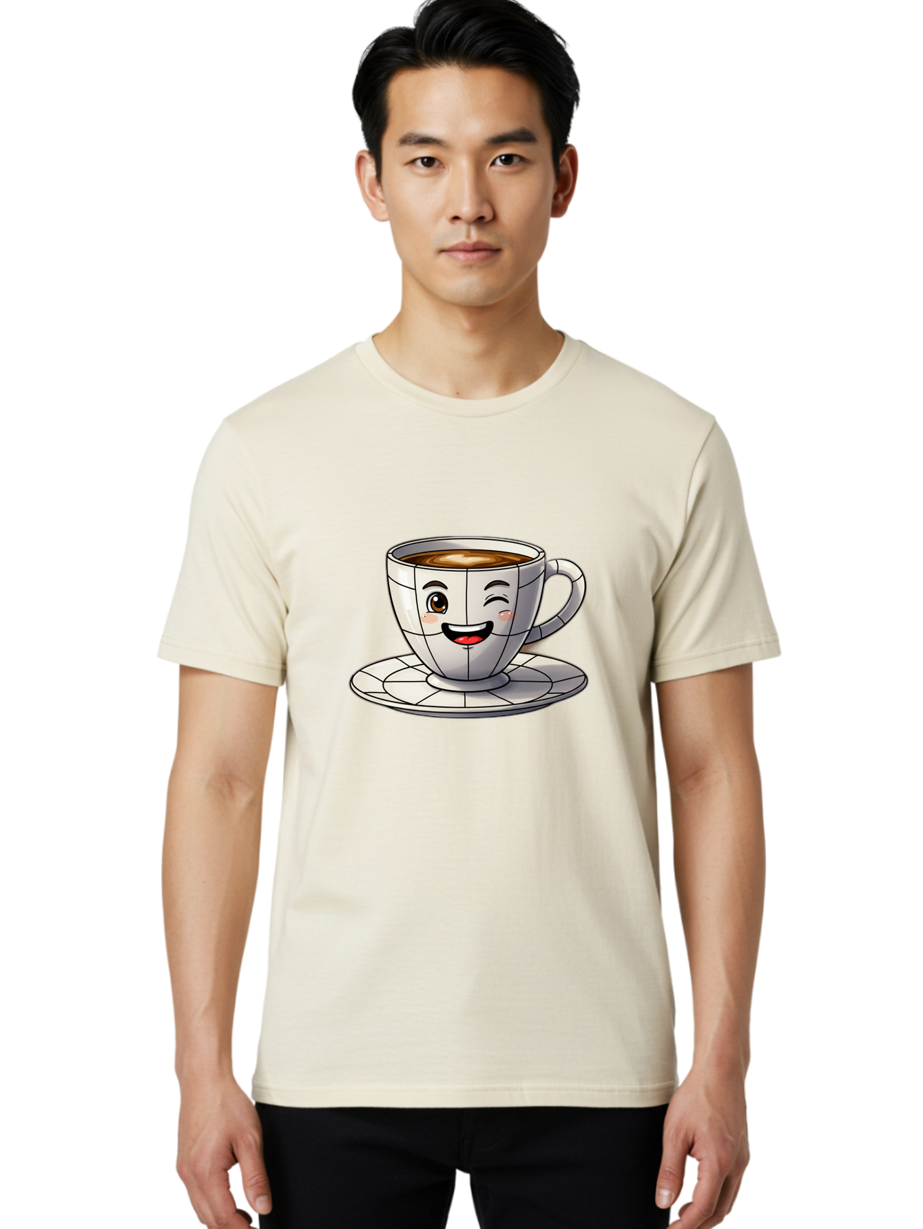 Coffee-Cup-1 Men'S Graphic Tee, 100% Cotton, Comfortable Casual Summer Wear, Machine Washable, Cartoon Coffee Cup, Smiling Face, Happy Expression, Coffee Break, Morning Routine, Cafe Culture, Animated Character, Playful Design, Whimsical Art Bab786