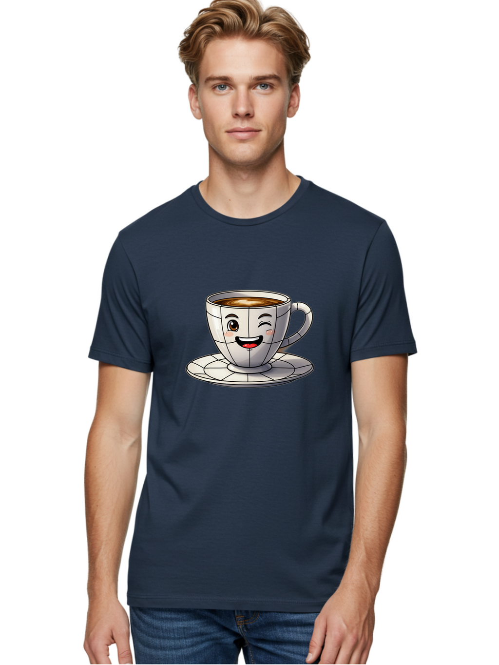 Coffee-Cup-1 Men'S Graphic Tee, 100% Cotton, Comfortable Casual Summer Wear, Machine Washable, Cartoon Coffee Cup, Smiling Face, Happy Expression, Coffee Break, Morning Routine, Cafe Culture, Animated Character, Playful Design, Whimsical Art Bab786