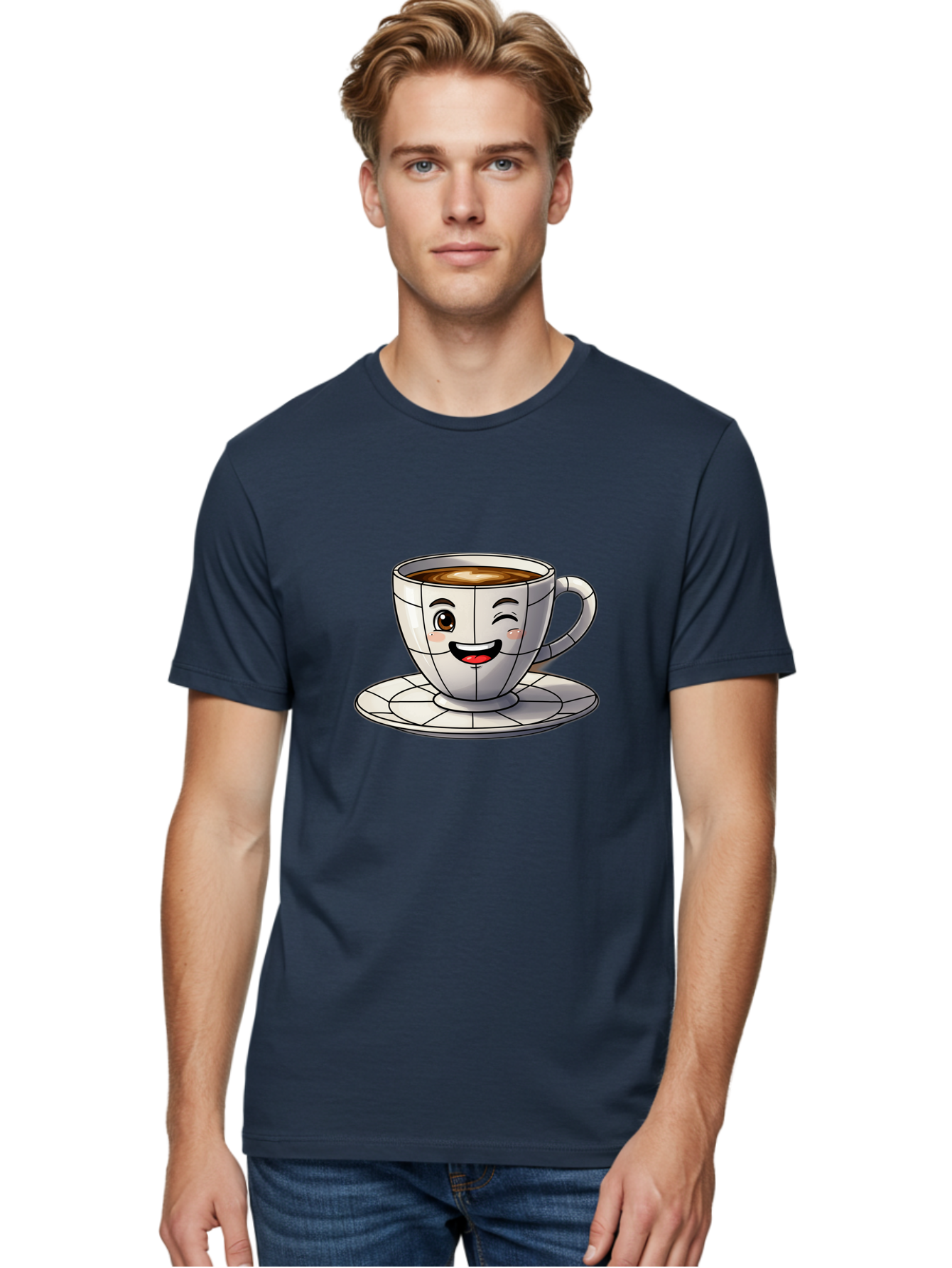 Coffee-Cup-1 Men'S Graphic Tee, 100% Cotton, Comfortable Casual Summer Wear, Machine Washable, Cartoon Coffee Cup, Smiling Face, Happy Expression, Coffee Break, Morning Routine, Cafe Culture, Animated Character, Playful Design, Whimsical Art Bab786