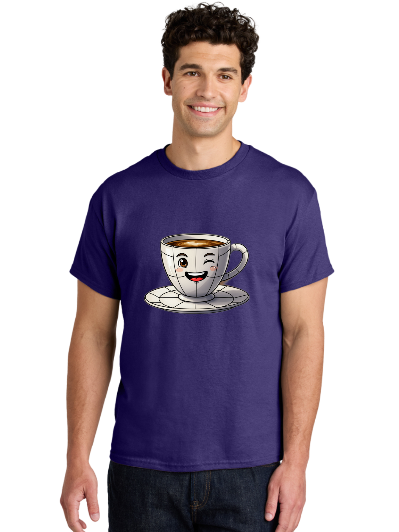 Coffee-Cup-1 Men'S Graphic Tee, 100% Cotton, Comfortable Casual Summer Wear, Machine Washable, Cartoon Coffee Cup, Smiling Face, Happy Expression, Coffee Break, Morning Routine, Cafe Culture, Animated Character, Playful Design, Whimsical Art Bab786