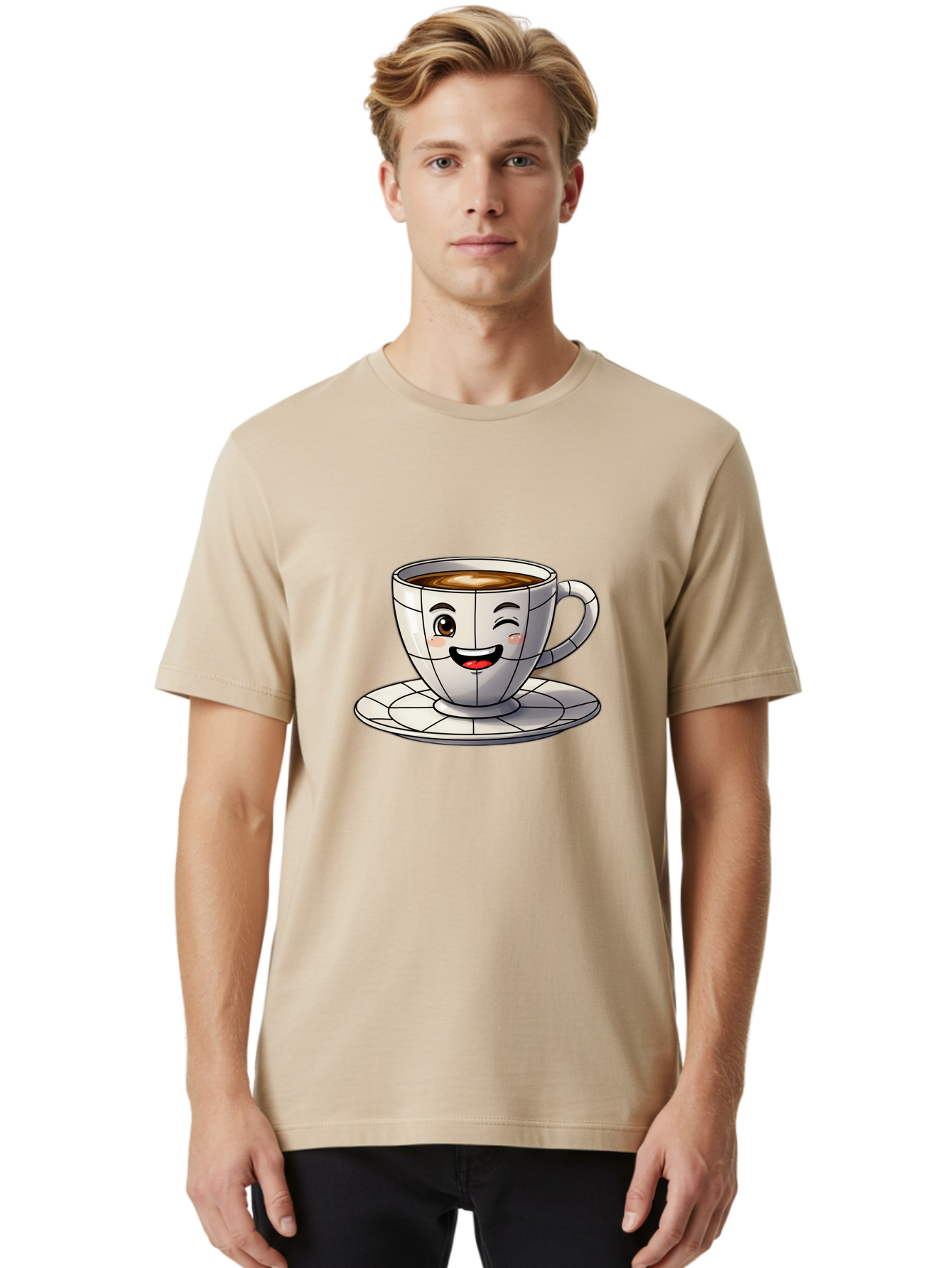 Coffee-Cup-1 Men'S Graphic Tee, 100% Cotton, Comfortable Casual Summer Wear, Machine Washable, Cartoon Coffee Cup, Smiling Face, Happy Expression, Coffee Break, Morning Routine, Cafe Culture, Animated Character, Playful Design, Whimsical Art Bab786