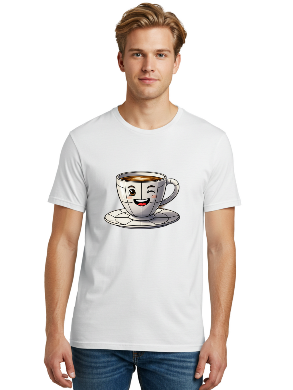 Coffee-Cup-1 Men'S Graphic Tee, 100% Cotton, Comfortable Casual Summer Wear, Machine Washable, Cartoon Coffee Cup, Smiling Face, Happy Expression, Coffee Break, Morning Routine, Cafe Culture, Animated Character, Playful Design, Whimsical Art Bab786