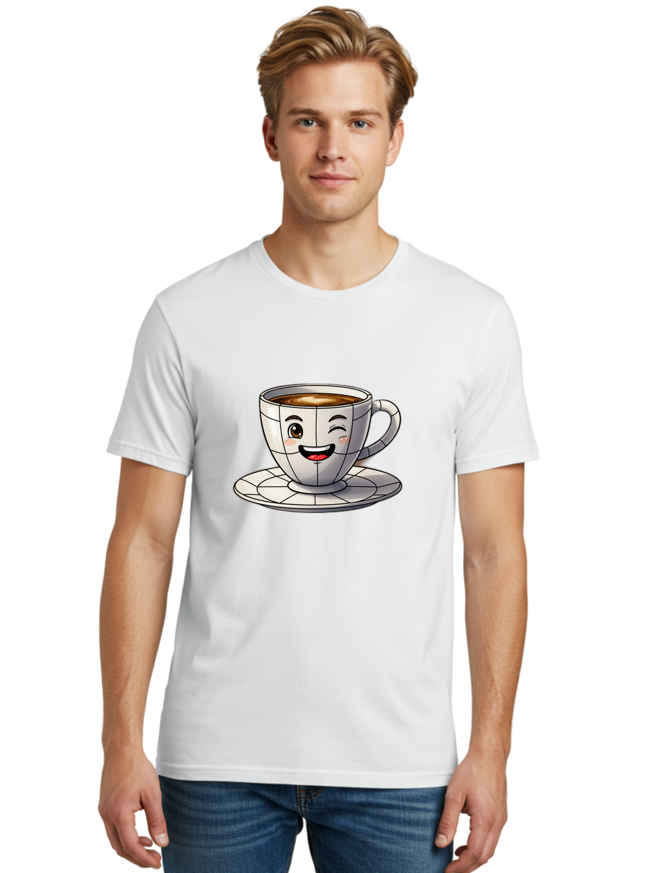 Coffee-Cup-1 Men'S Graphic Tee, 100% Cotton, Comfortable Casual Summer Wear, Machine Washable, Cartoon Coffee Cup, Smiling Face, Happy Expression, Coffee Break, Morning Routine, Cafe Culture, Animated Character, Playful Design, Whimsical Art Bab786