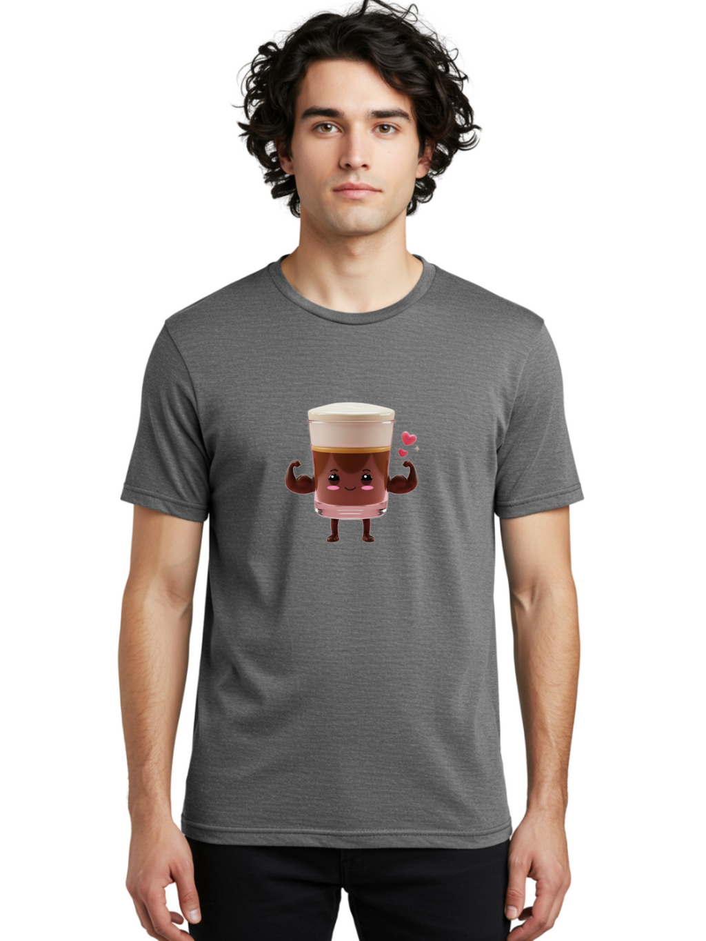 Coffee-Cup-2 Men'S Graphic Tee, 100% Cotton, Comfortable Casual Summer Wear, Machine Washable, Cartoon Coffee Cup, Strong Personality, Flexing Muscles, Smiling Face, Coffee Lover, Coffee Culture, Morning Pick-Me-Up, Coffee Break Bab787