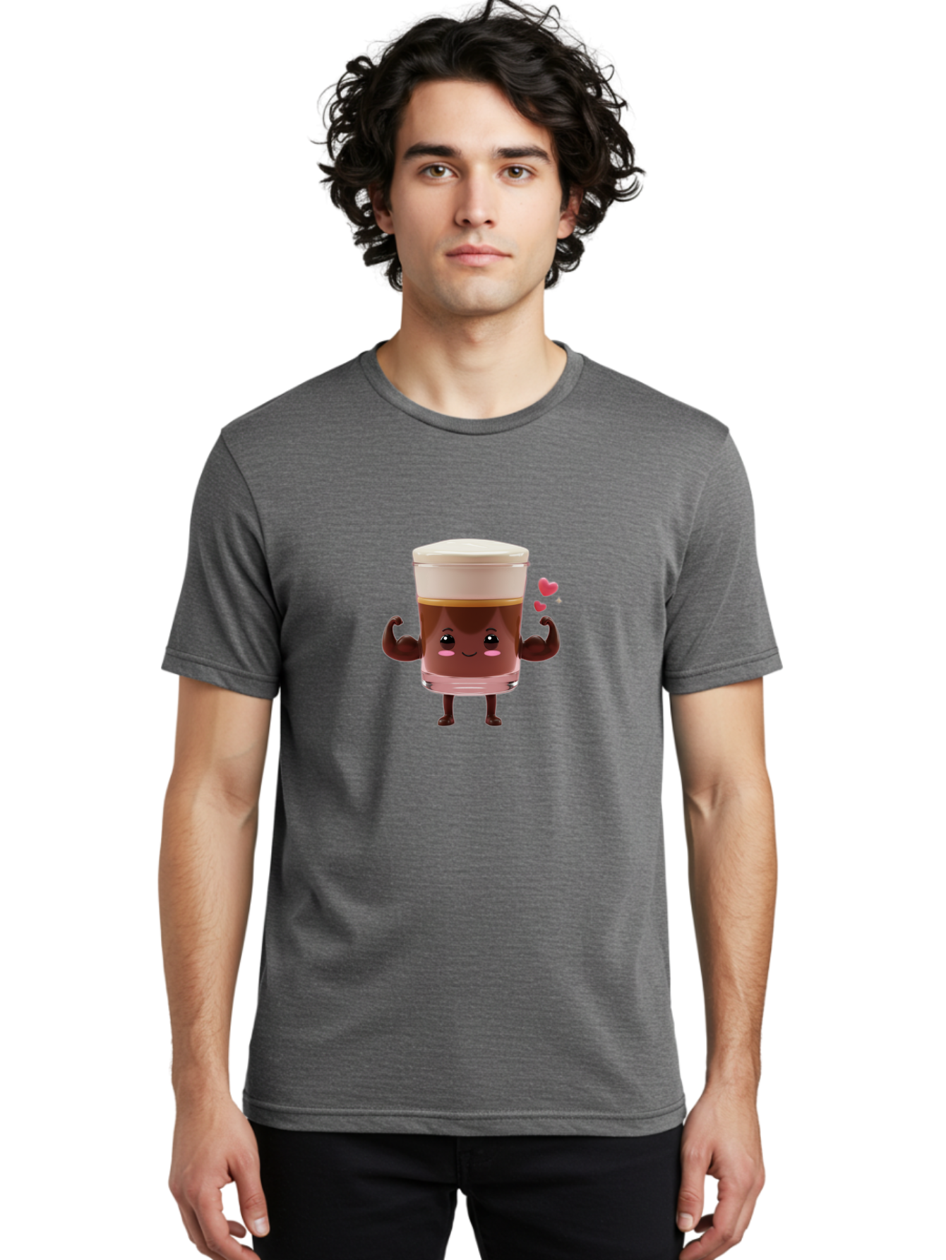 Coffee-Cup-2 Men'S Graphic Tee, 100% Cotton, Comfortable Casual Summer Wear, Machine Washable, Cartoon Coffee Cup, Strong Personality, Flexing Muscles, Smiling Face, Coffee Lover, Coffee Culture, Morning Pick-Me-Up, Coffee Break Bab787