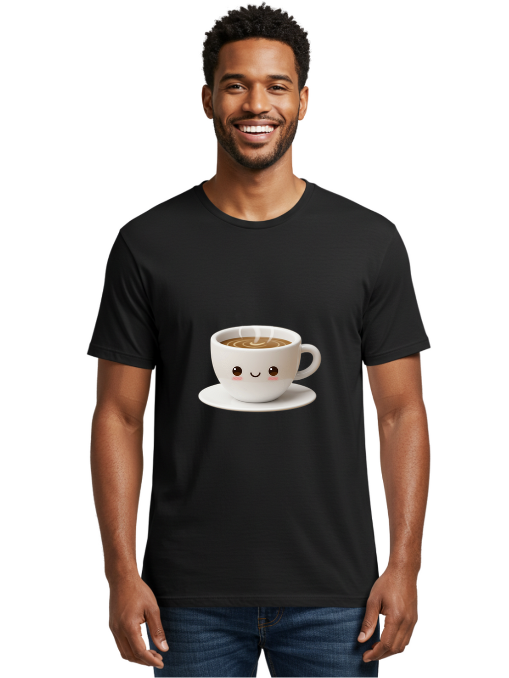 Coffee-Cup-3 Men'S Graphic Tee, 100% Cotton, Comfortable Casual Summer Wear, Machine Washable, Cute Coffee Cup, Smiling Face, Steaming Hot Coffee, Latte Art, Cartoon Style, Adorable Character, Morning Pick-Me-Up, Coffee Break Bab788