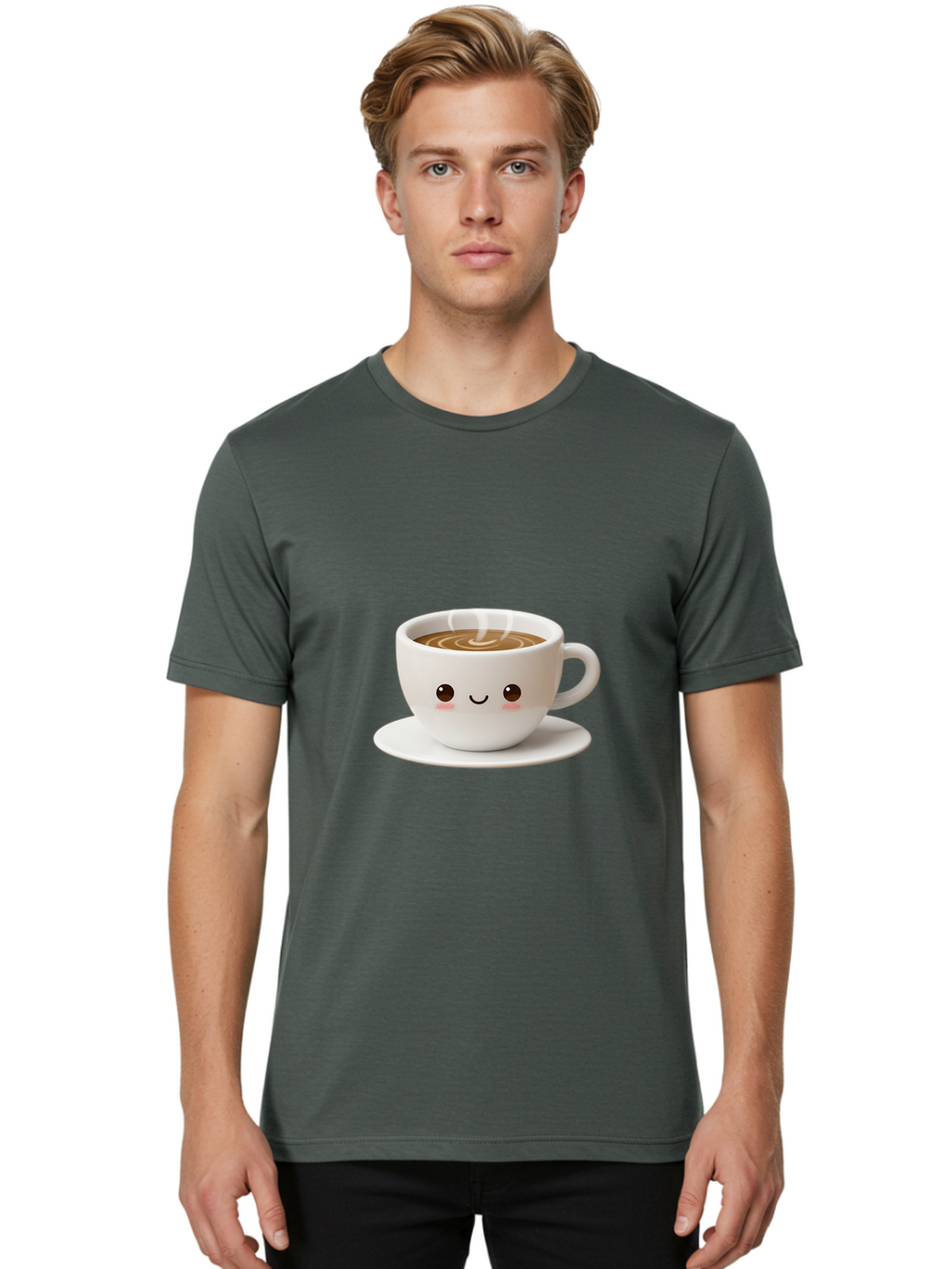 Coffee-Cup-3 Men'S Graphic Tee, 100% Cotton, Comfortable Casual Summer Wear, Machine Washable, Cute Coffee Cup, Smiling Face, Steaming Hot Coffee, Latte Art, Cartoon Style, Adorable Character, Morning Pick-Me-Up, Coffee Break Bab788