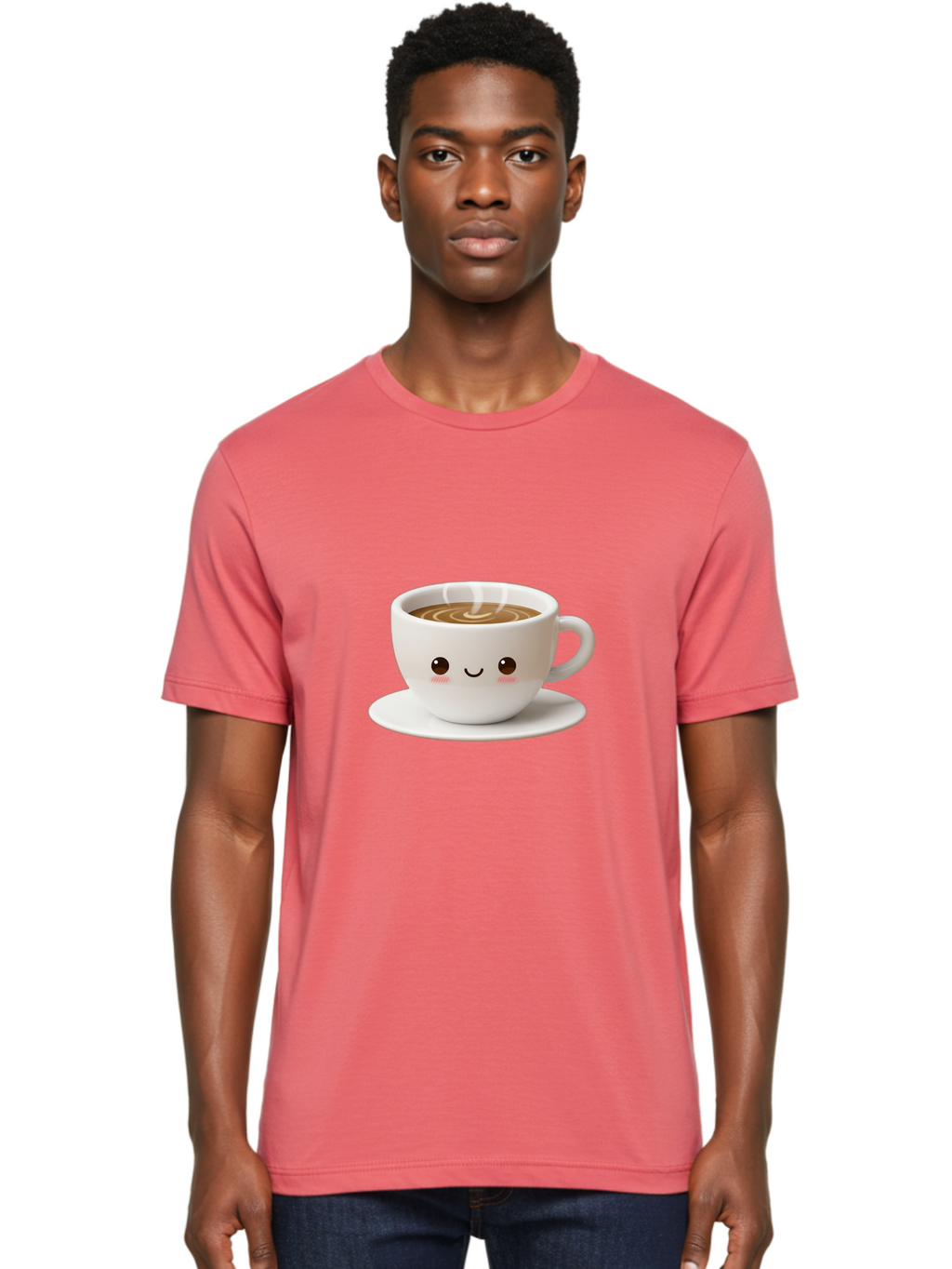 Coffee-Cup-3 Men'S Graphic Tee, 100% Cotton, Comfortable Casual Summer Wear, Machine Washable, Cute Coffee Cup, Smiling Face, Steaming Hot Coffee, Latte Art, Cartoon Style, Adorable Character, Morning Pick-Me-Up, Coffee Break Bab788
