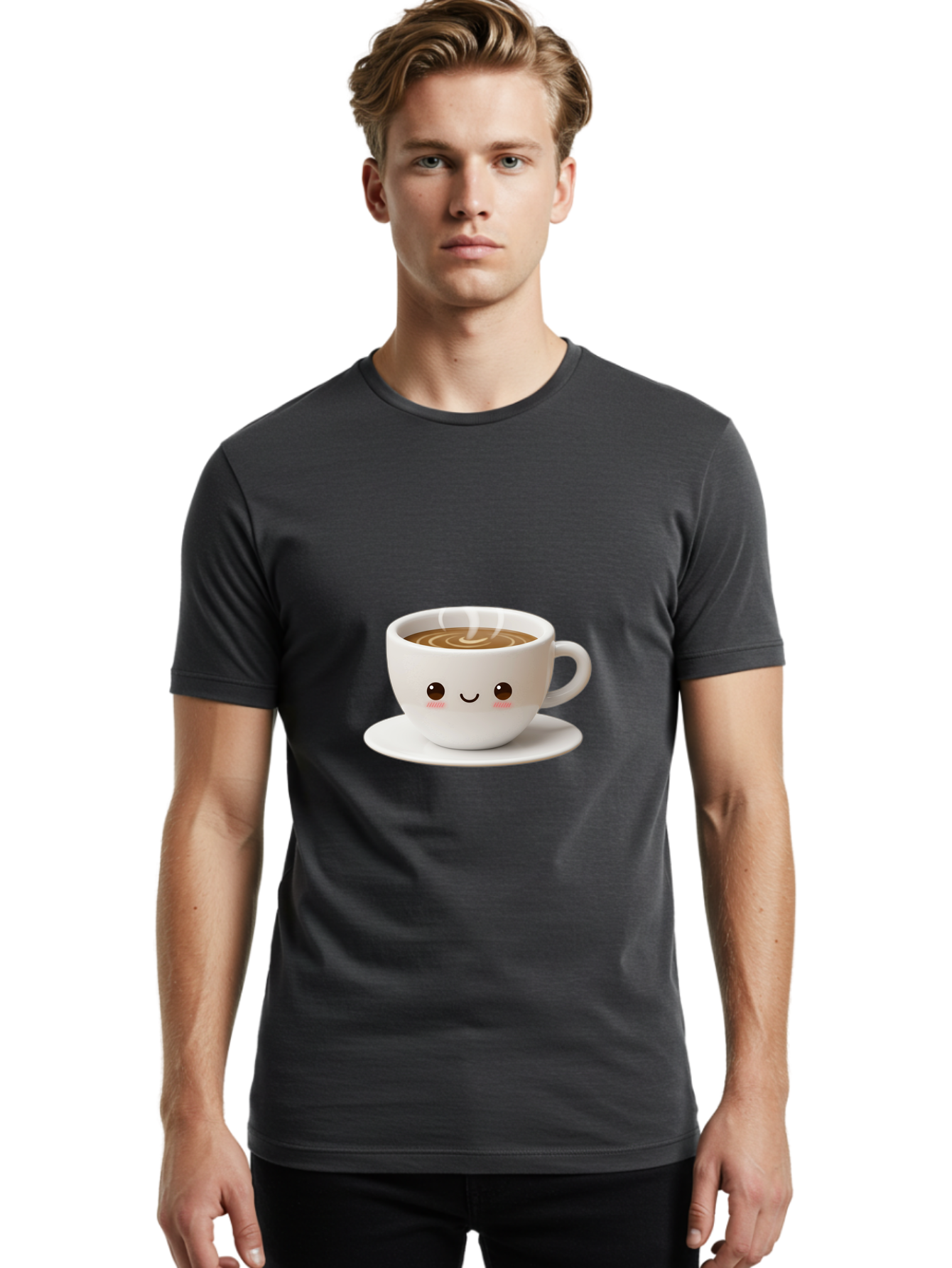 Coffee-Cup-3 Men'S Graphic Tee, 100% Cotton, Comfortable Casual Summer Wear, Machine Washable, Cute Coffee Cup, Smiling Face, Steaming Hot Coffee, Latte Art, Cartoon Style, Adorable Character, Morning Pick-Me-Up, Coffee Break Bab788