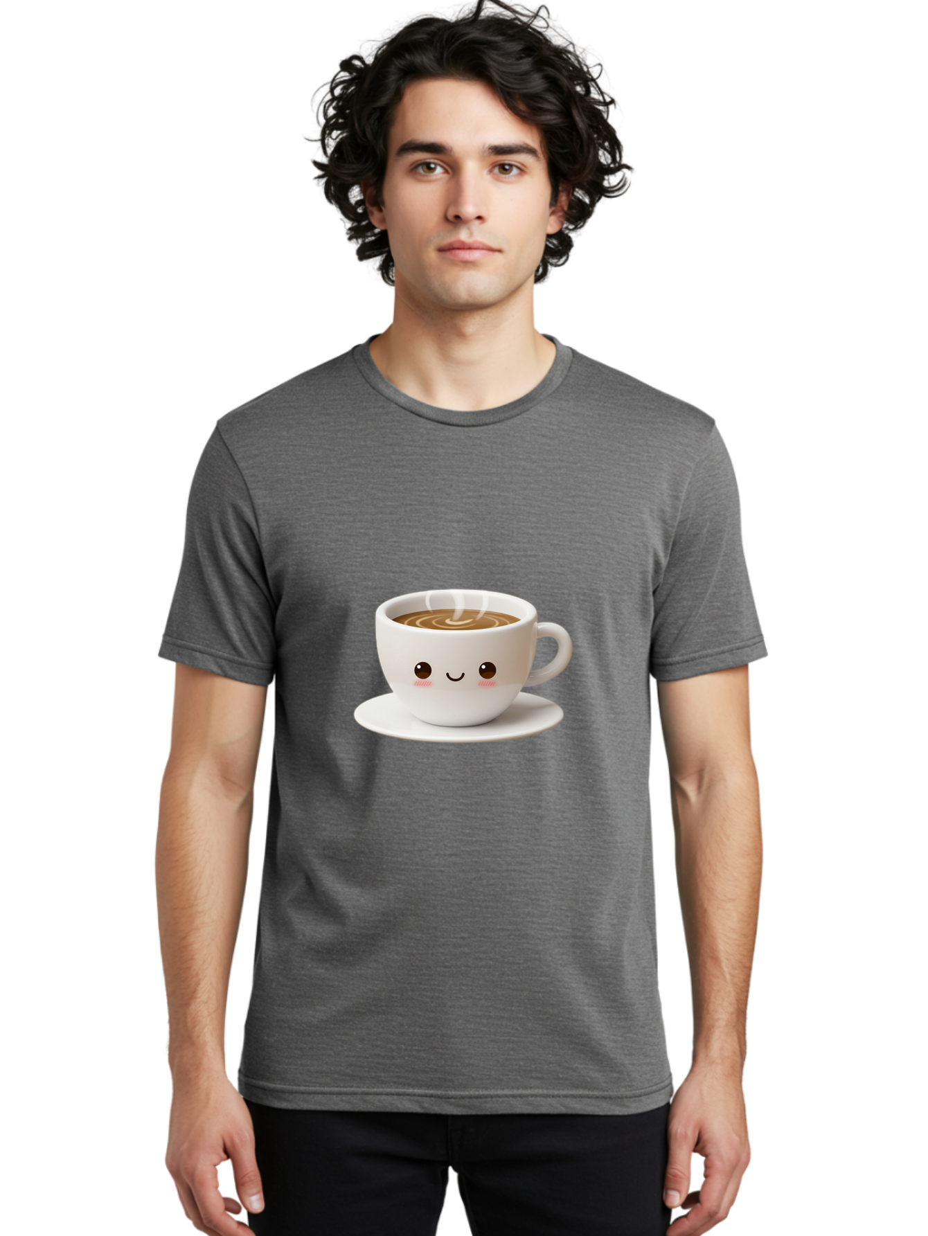 Coffee-Cup-3 Men'S Graphic Tee, 100% Cotton, Comfortable Casual Summer Wear, Machine Washable, Cute Coffee Cup, Smiling Face, Steaming Hot Coffee, Latte Art, Cartoon Style, Adorable Character, Morning Pick-Me-Up, Coffee Break Bab788
