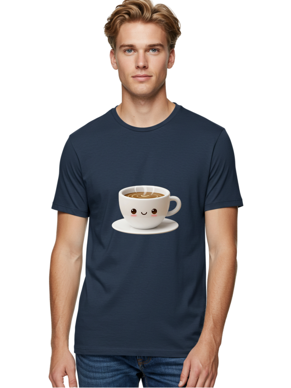 Coffee-Cup-3 Men'S Graphic Tee, 100% Cotton, Comfortable Casual Summer Wear, Machine Washable, Cute Coffee Cup, Smiling Face, Steaming Hot Coffee, Latte Art, Cartoon Style, Adorable Character, Morning Pick-Me-Up, Coffee Break Bab788