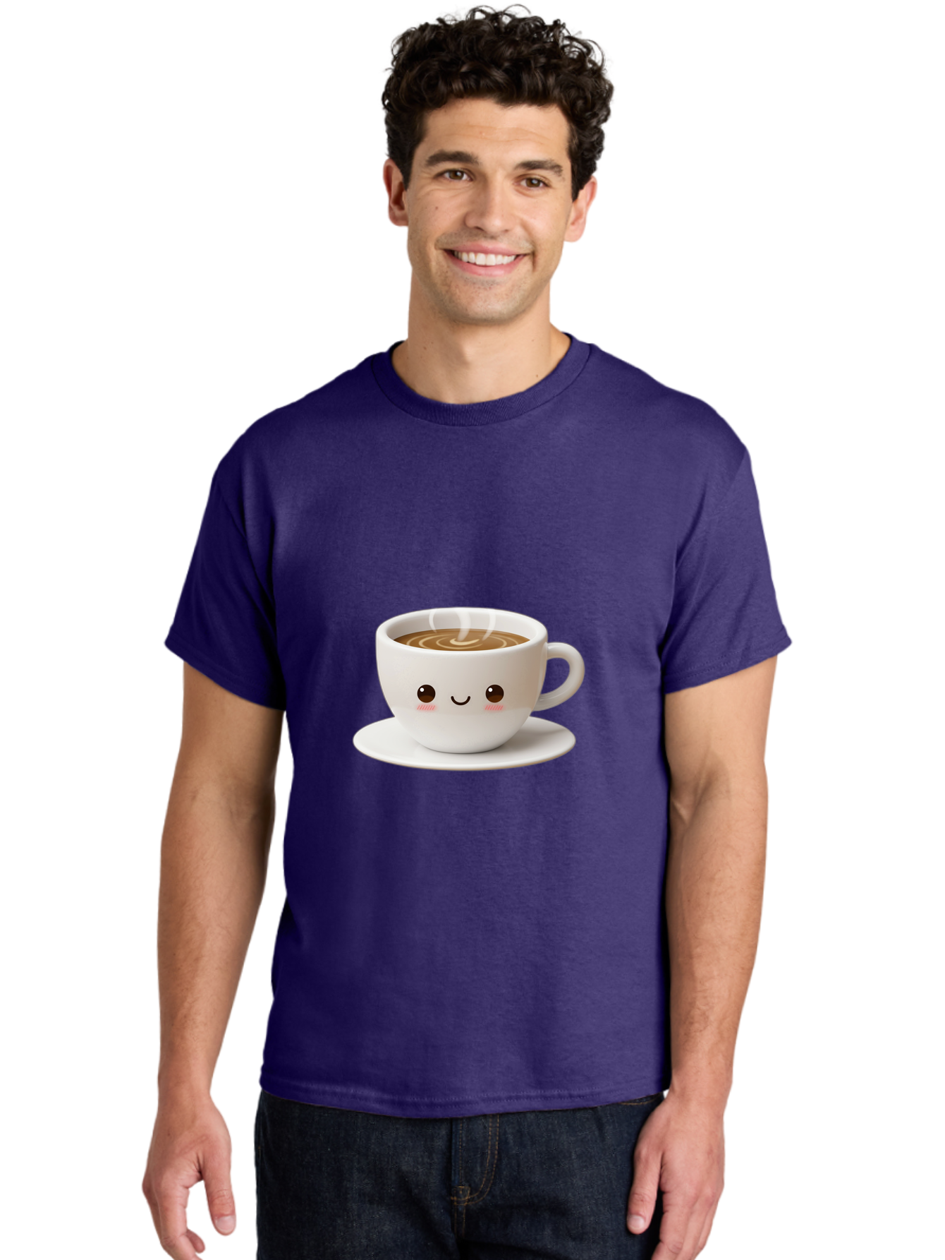Coffee-Cup-3 Men'S Graphic Tee, 100% Cotton, Comfortable Casual Summer Wear, Machine Washable, Cute Coffee Cup, Smiling Face, Steaming Hot Coffee, Latte Art, Cartoon Style, Adorable Character, Morning Pick-Me-Up, Coffee Break Bab788