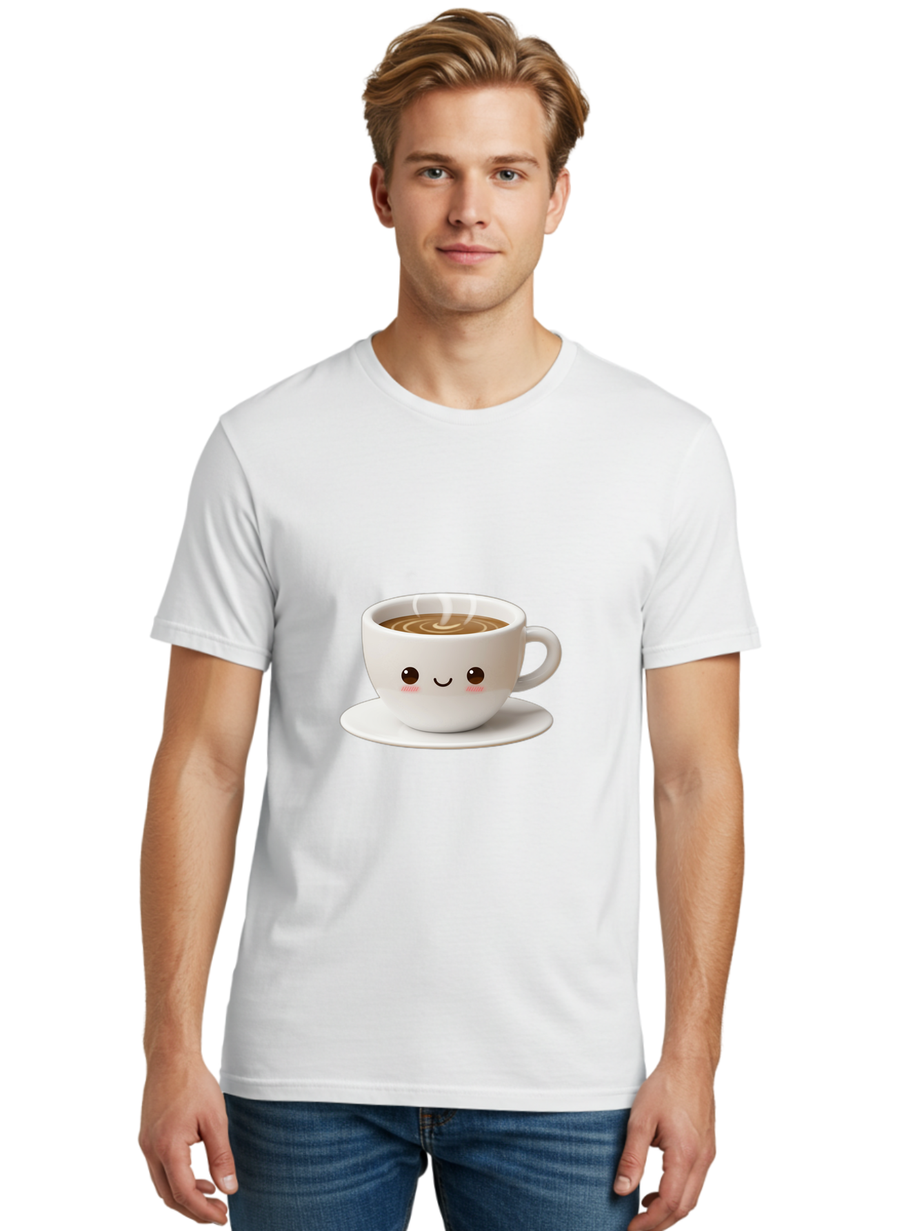 Coffee-Cup-3 Men'S Graphic Tee, 100% Cotton, Comfortable Casual Summer Wear, Machine Washable, Cute Coffee Cup, Smiling Face, Steaming Hot Coffee, Latte Art, Cartoon Style, Adorable Character, Morning Pick-Me-Up, Coffee Break Bab788