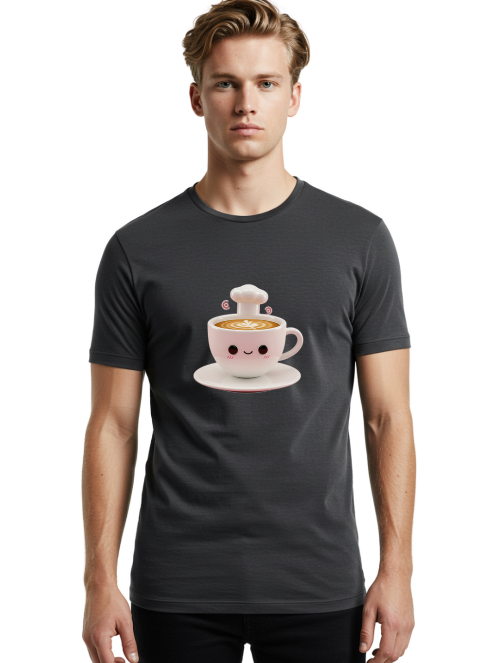 Coffee-Cup-4 Men'S Graphic Tee, 100% Cotton, Comfortable Casual Summer Wear, Machine Washable, Cute Coffee Cup, Cartoon Character, Coffee Latte Art, Smiley Face, Kawaii Culture, Coffee Break, Morning Pick-Me-Up, Adorable Design Bab789