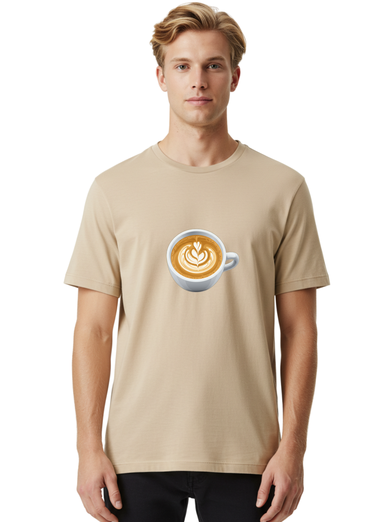 Coffee-Cup-5 Men'S Graphic Tee, 100% Cotton, Comfortable Casual Summer Wear, Machine Washable, Coffee Cup, Latte Art, Morning Coffee, Coffee Break, Caffeine Boost, White Cup, Leaf Design, Frothy Coffee, Coffee Culture Bab790